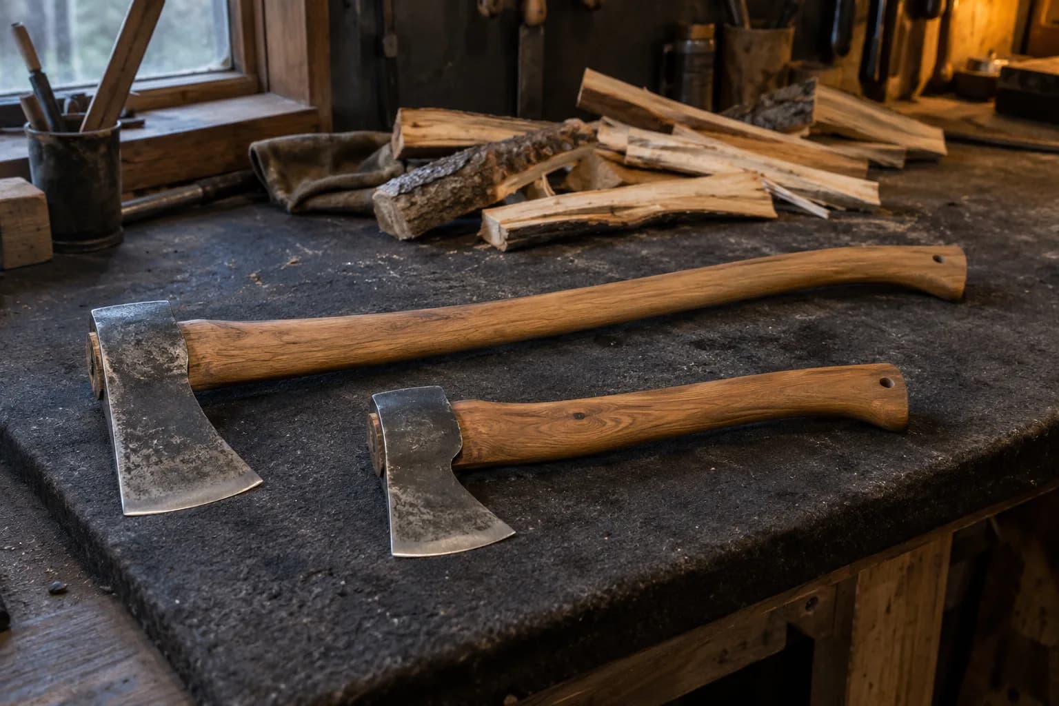 Small forest axe with a long haft beside a shorter hatchet lying flat on a dark bench, with split kindling behind.