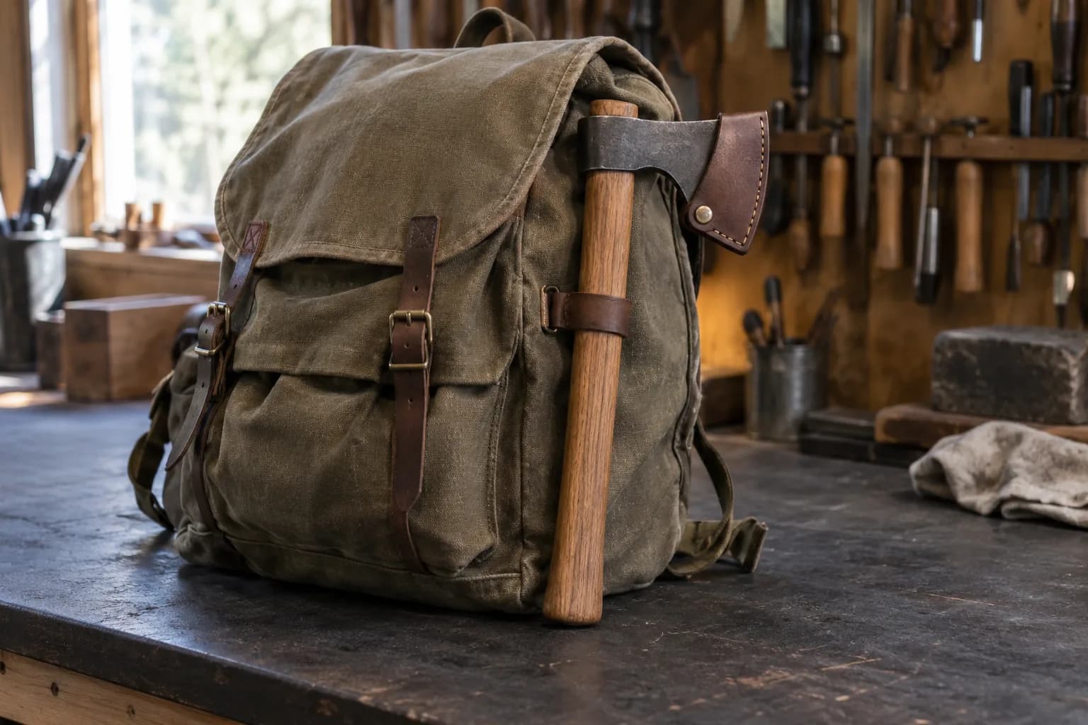 Plain tomahawk with a leather-masked bit strapped upright beside a canvas camp pack on a dark shop bench