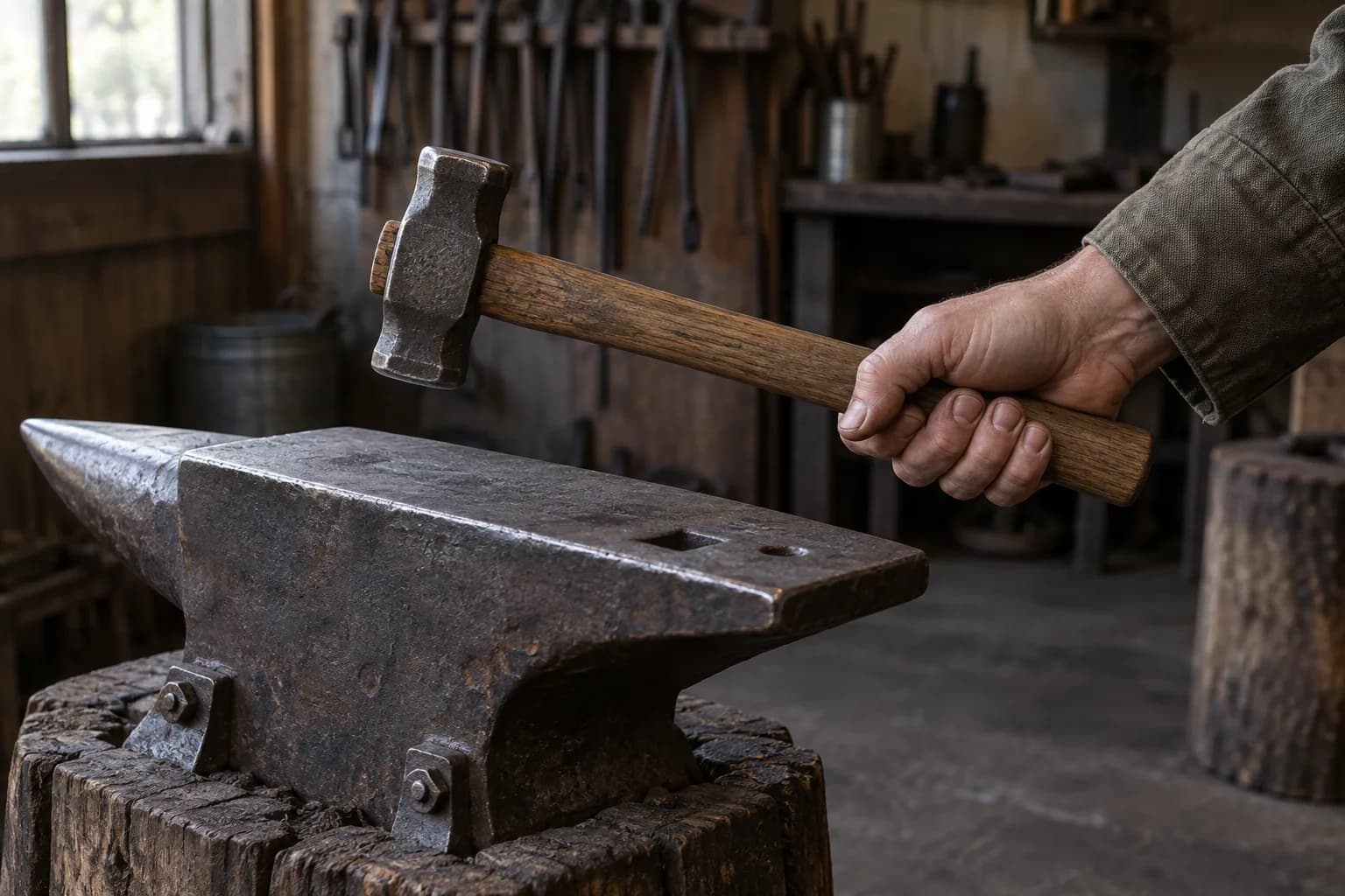 Bare hand gripping the end of an oak-handled forging hammer, held above the face of an anvil on a stump.