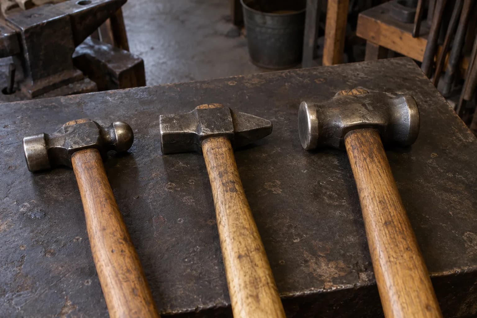 Ball-peen, cross-peen and rounding hammers with oak handles lie side by side on a scarred dark steel bench, anvil behind.