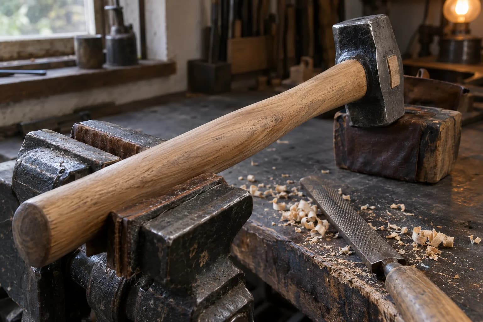 Oak hammer handle clamped in a padded bench vise, head on a leather block, wood shavings and a rasp on the bench.