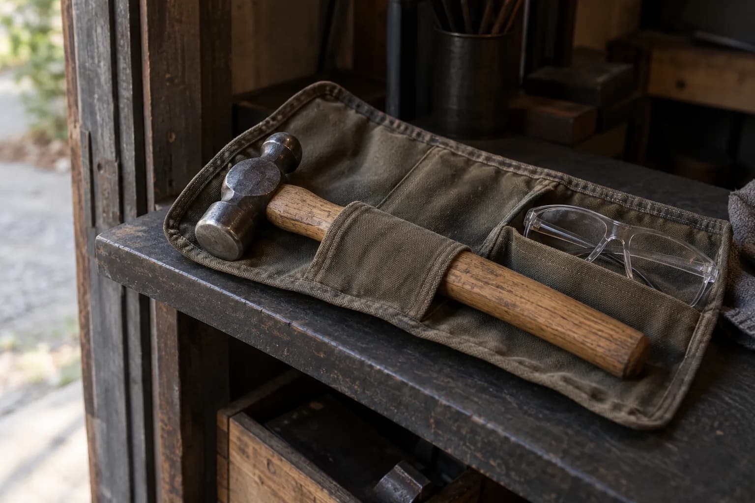 Ball-peen hammer with a raw oak handle resting in a worn canvas tool roll beside clear safety glasses on a dark shop shelf