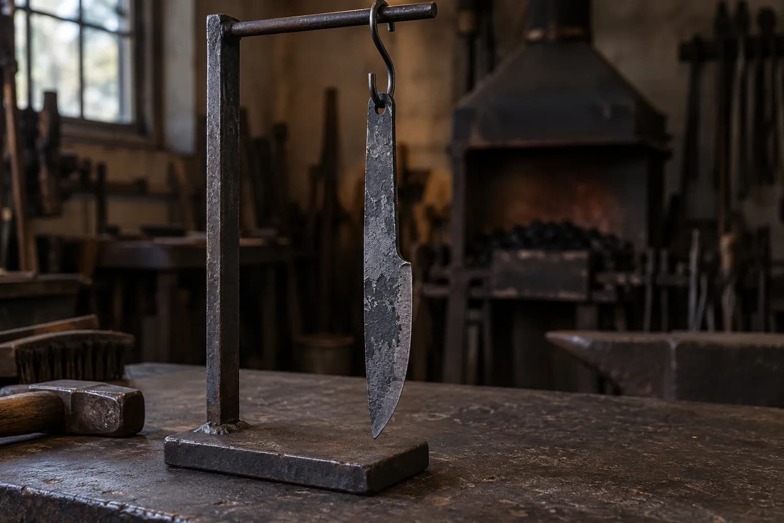 Scaled, rough-forged knife blank hanging from an S-hook on a steel stand to air-cool, a coal forge blurred behind