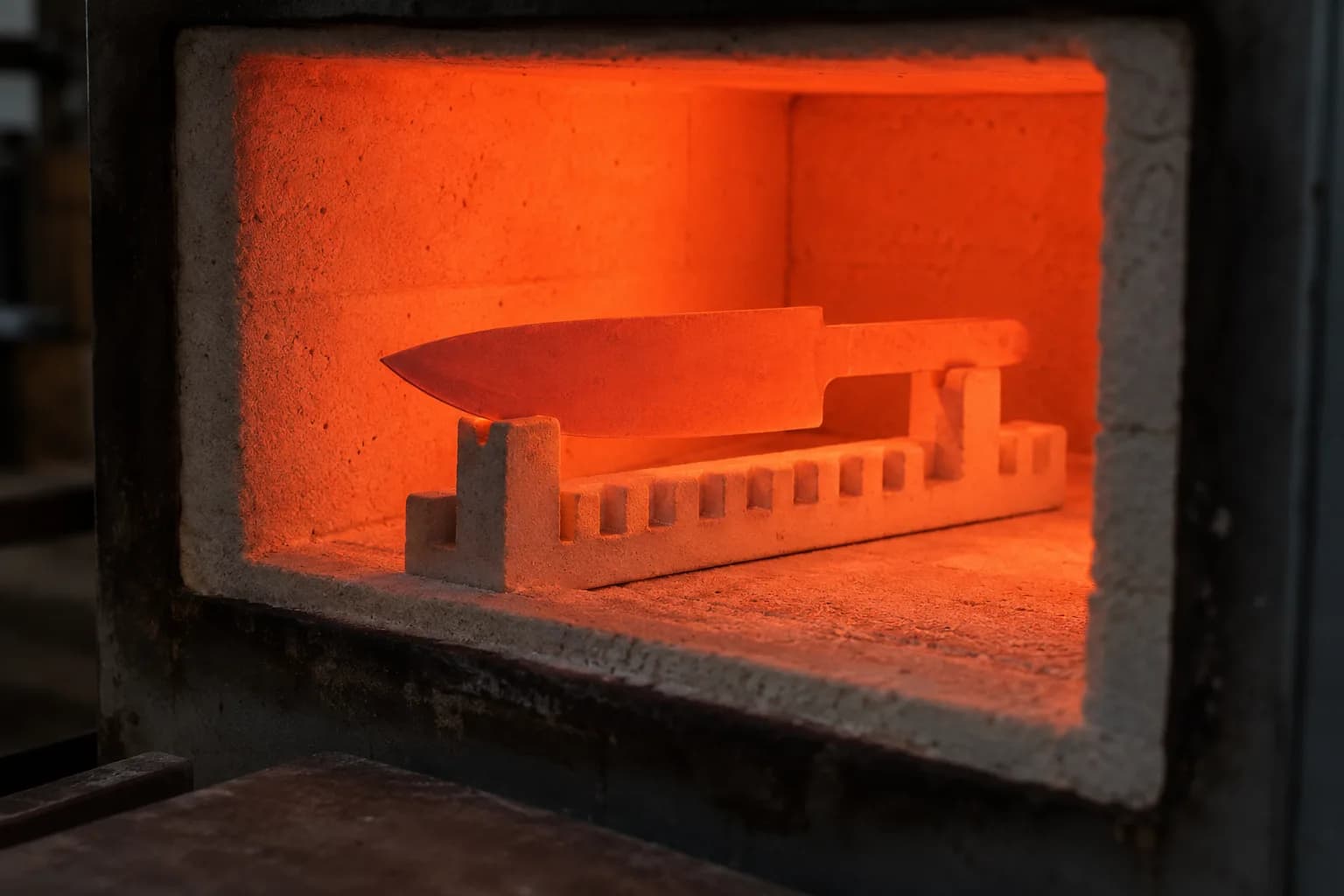 Plain knife blank glowing orange-red in a notched ceramic rack inside an open, evenly heated electric kiln
