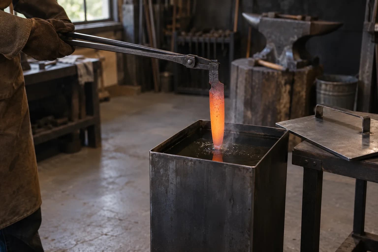 Gloved hand lowering a glowing orange blade point-first into a steel oil quench tank with long tongs, lid set aside