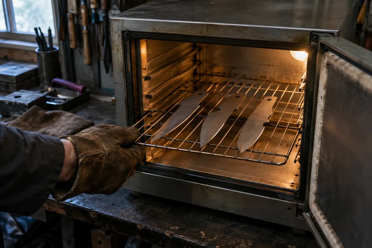 Gloved hand sliding out a wire rack holding three ground knife blanks in a small shop tempering oven