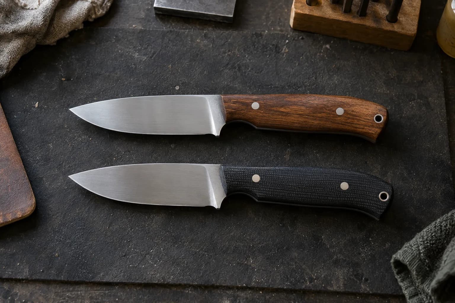 Two finished drop-point knives, one with a wood handle and one with black micarta, lying side by side on a dark bench pad.