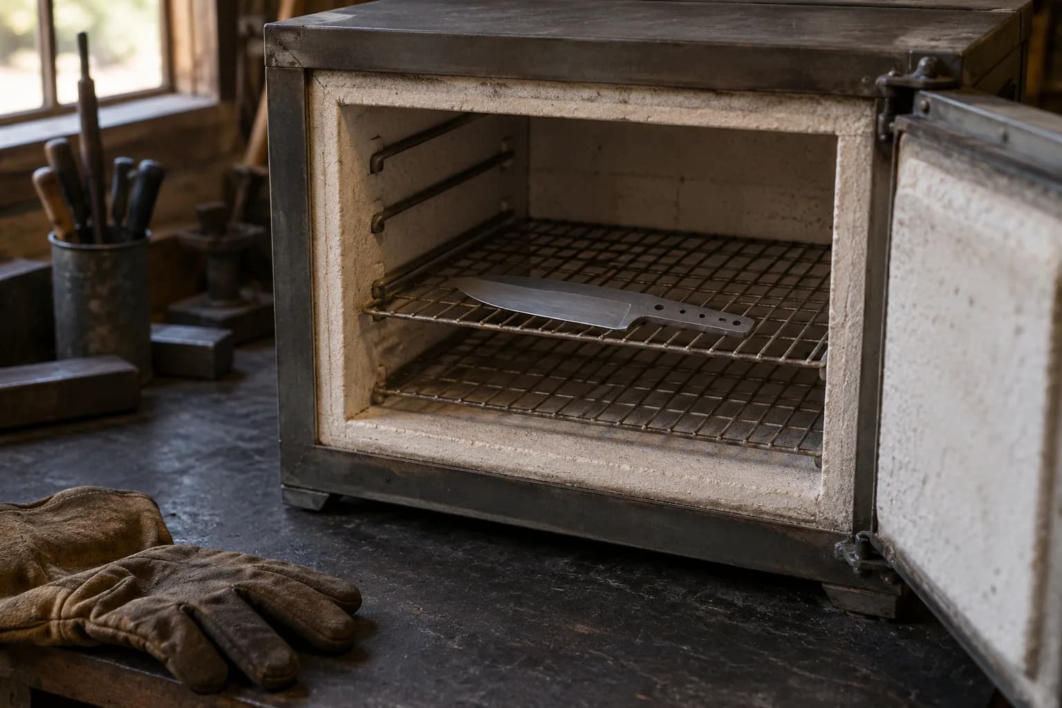 Open cold tempering oven with a plain unhandled knife blank resting flat on its wire shelf, leather gloves on the bench.