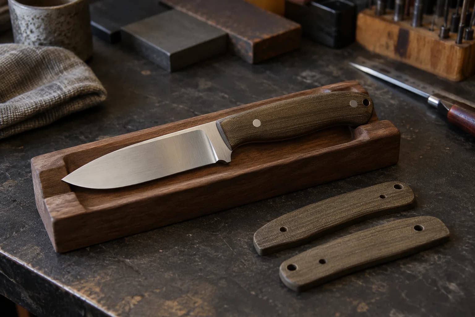 Satin-finished drop-point utility knife in a fitted wooden cradle beside two spare micarta handle scales on a dark bench.