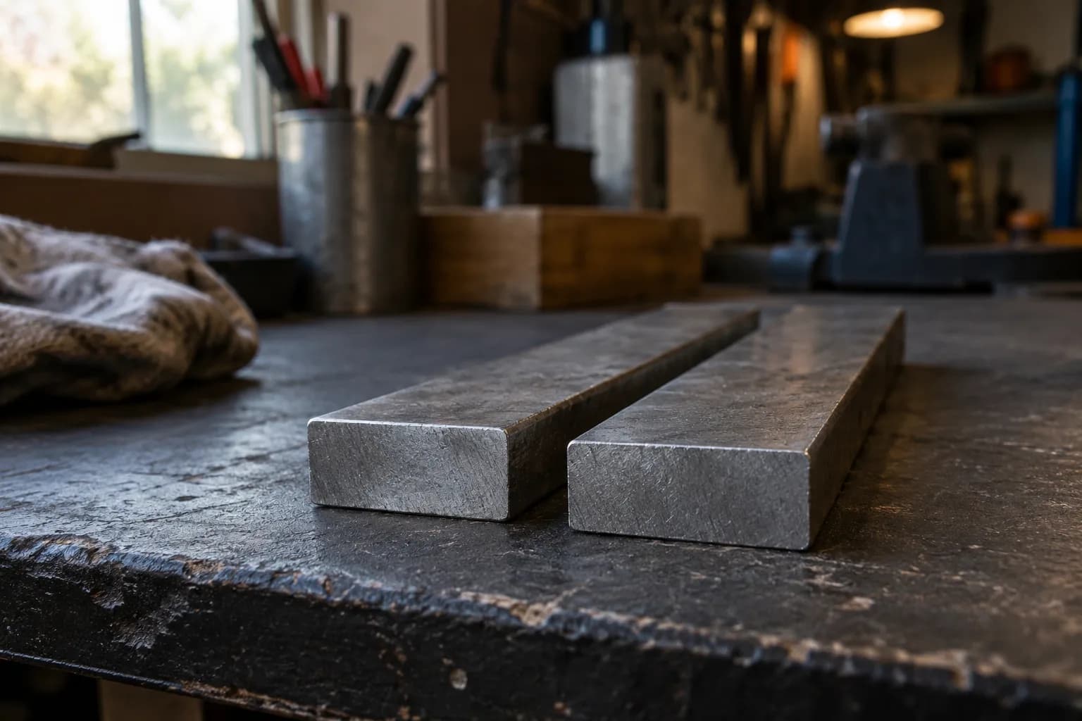 Two matching rectangular steel bars with dull mill finish lying side by side on a worn dark shop bench.