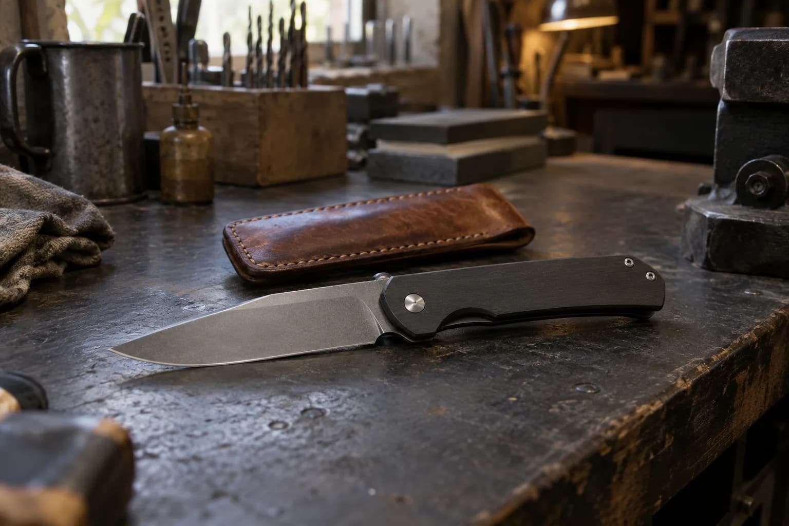 Open drop-point folding knife with plain dark handle resting flat on a worn bench beside a stitched leather pouch.