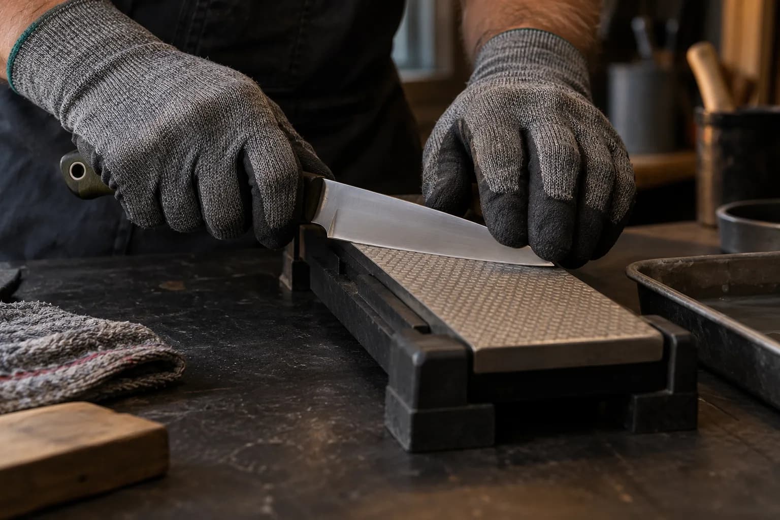 Gloved hands draw a utility knife at a shallow angle across a diamond plate locked in a black bench holder.