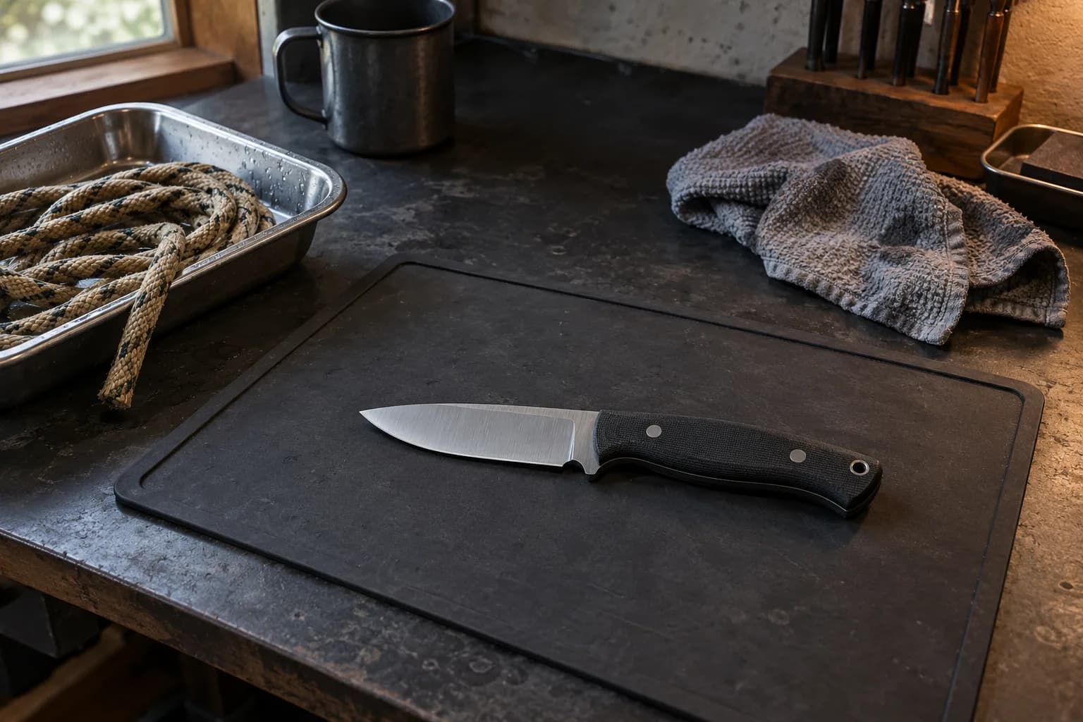 Fixed-blade knife with black handle on a dark bench mat beside a tray of damp rope and a gray drying cloth.