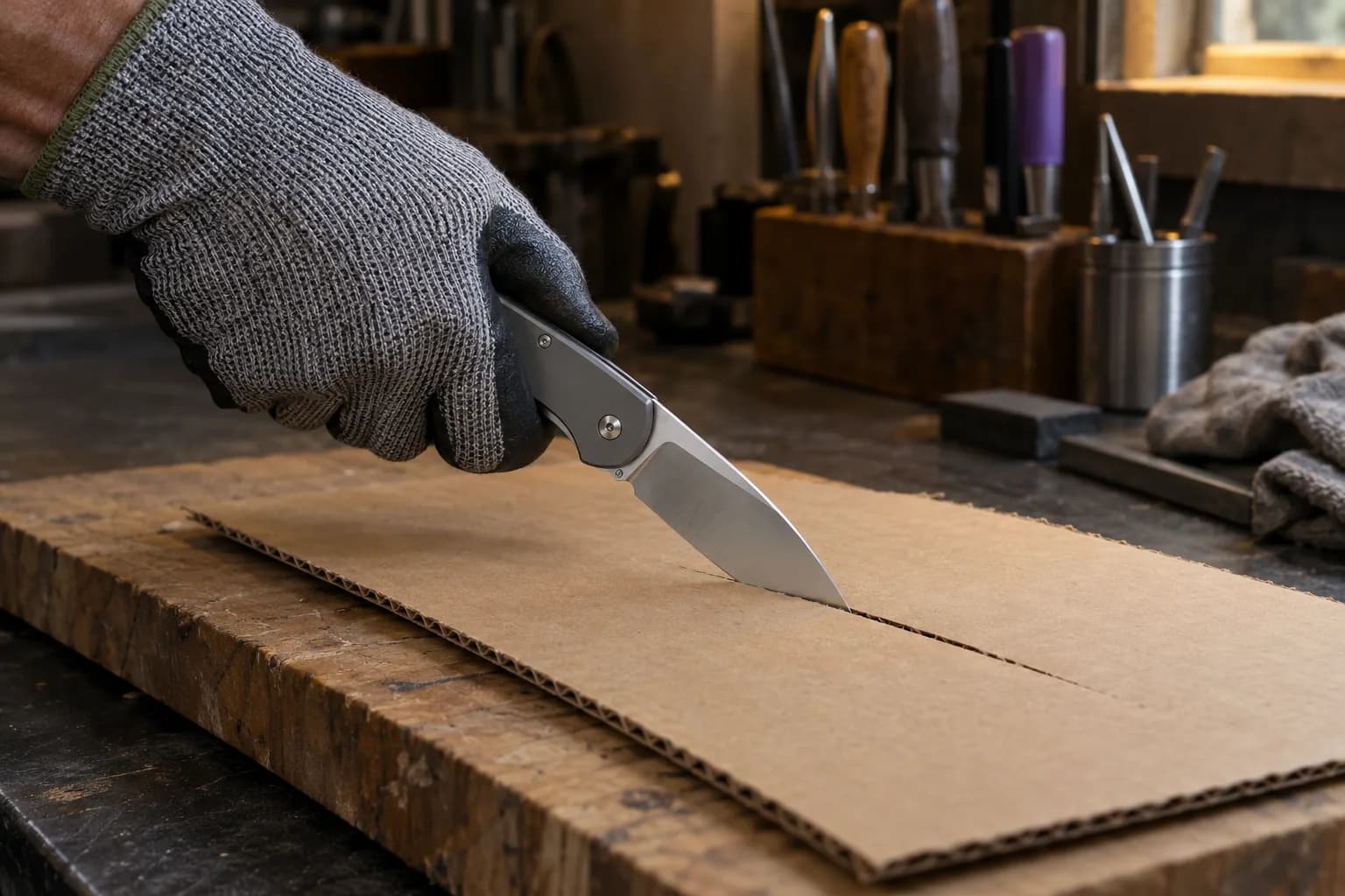 Gloved hand cuts through plain cardboard with an open folding knife, the blade sitting in a slit over a wooden board.