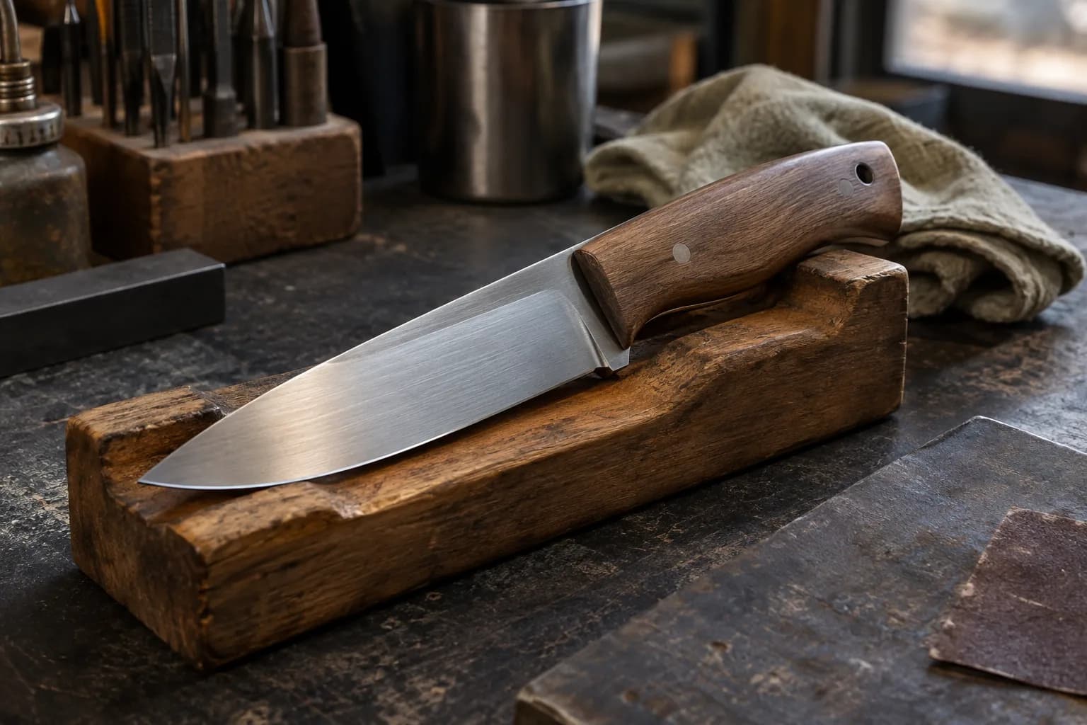 Drop-point fixed-blade knife with a walnut handle resting in a worn wooden bench cradle beside a folded cloth.