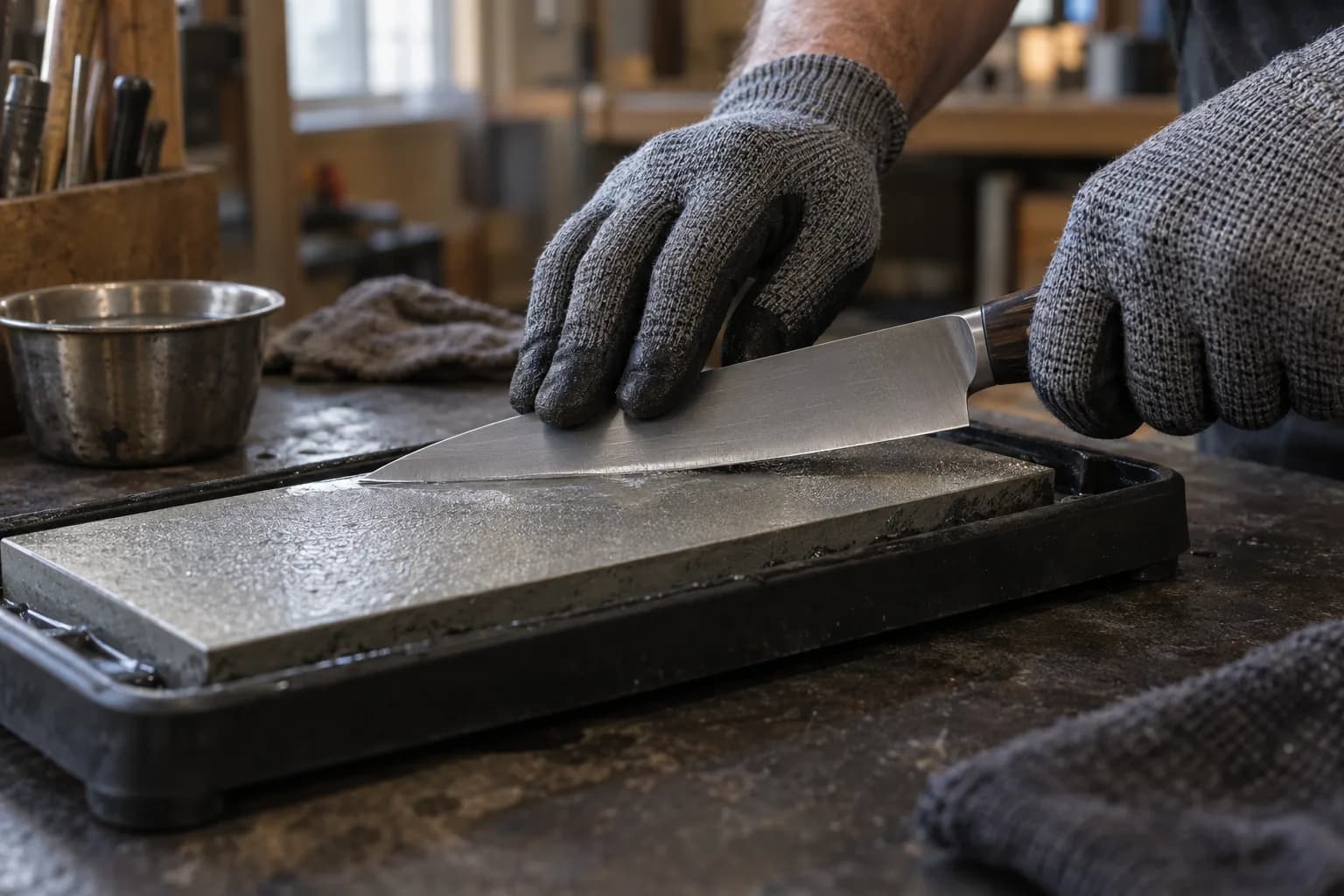 Gloved hands hold a chef knife edge-down with the spine raised on a wet diamond plate in a black tray
