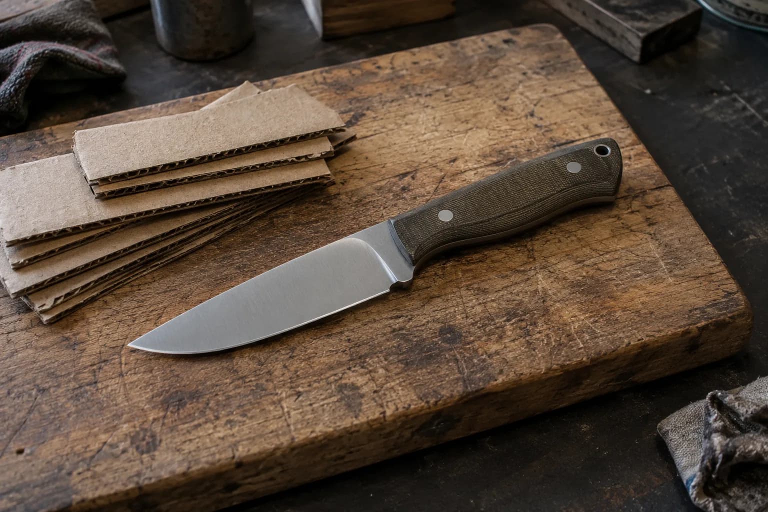 Drop-point fixed-blade knife with a green micarta handle on a scarred wooden board beside a stack of cardboard offcuts.