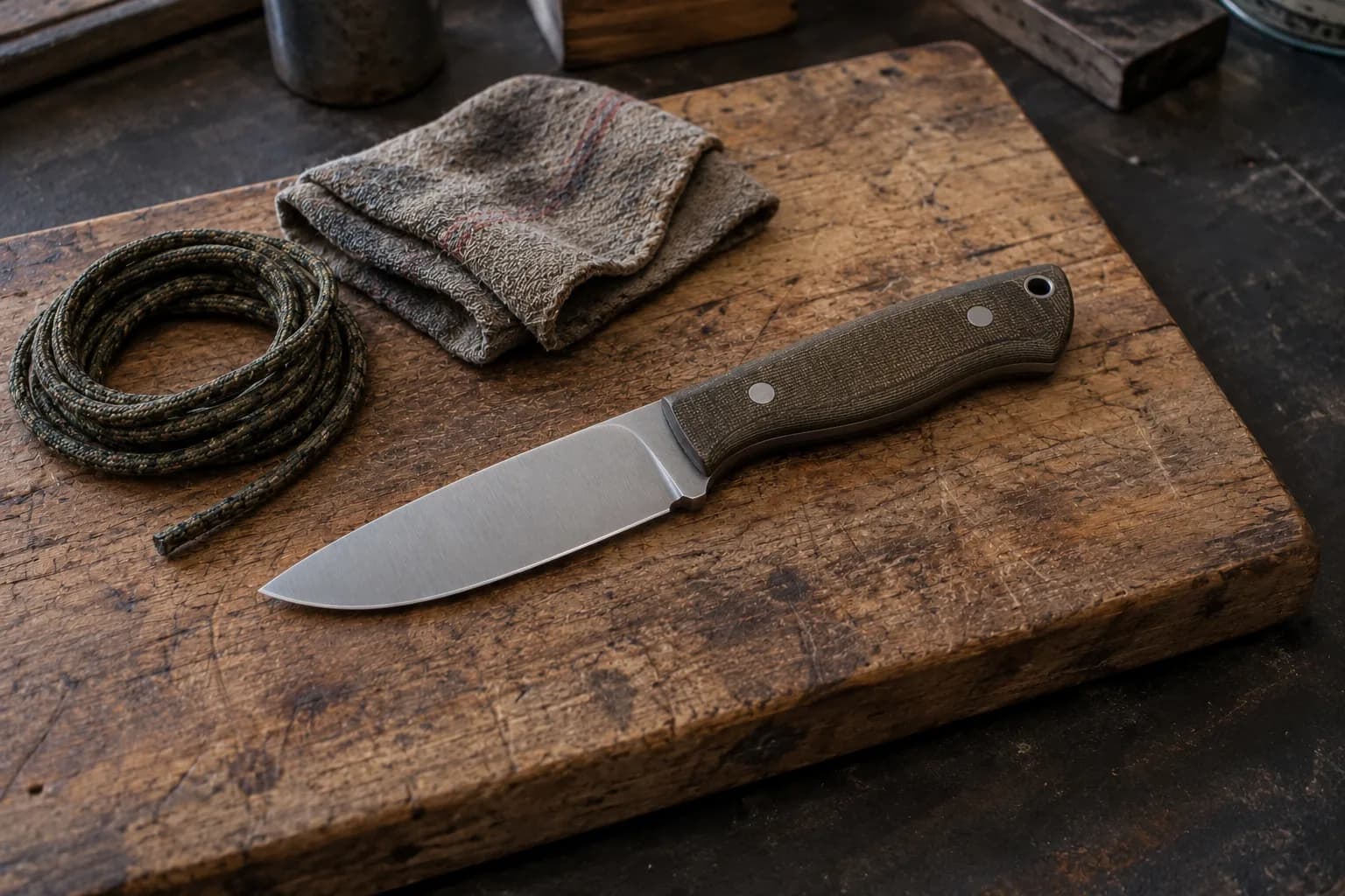 Drop-point fixed-blade knife on a scarred wooden board beside a coil of camouflage cord and a folded gray cloth.