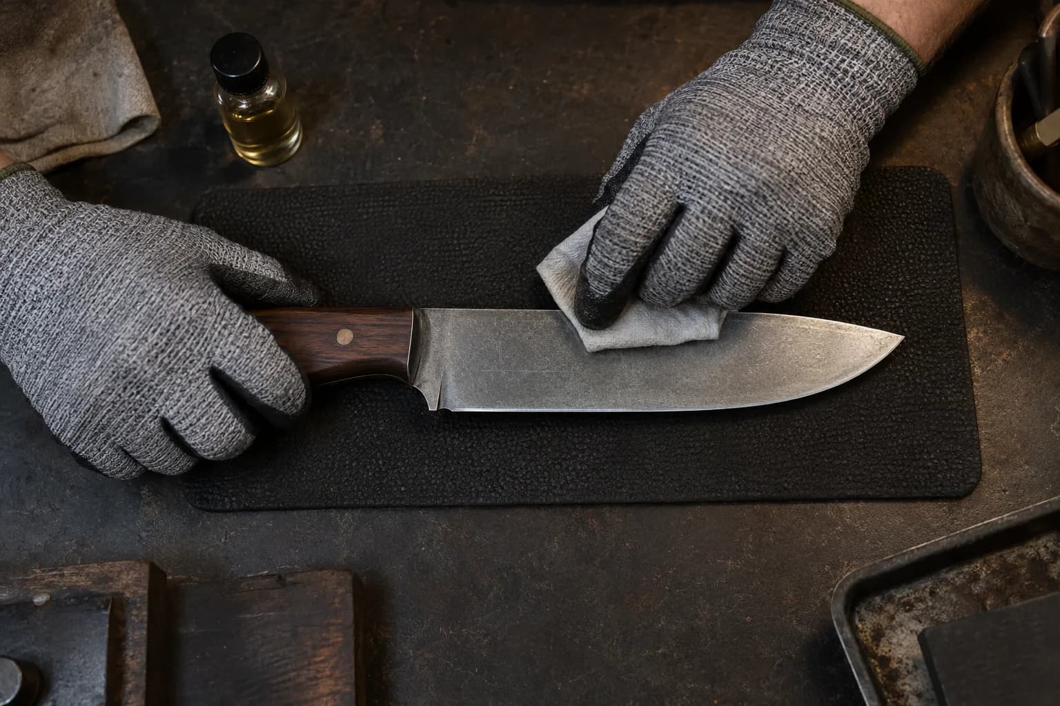 Gloved hands steady a fixed-blade knife on a dark mat and wipe its flat with a folded cloth, oil vial behind the handle