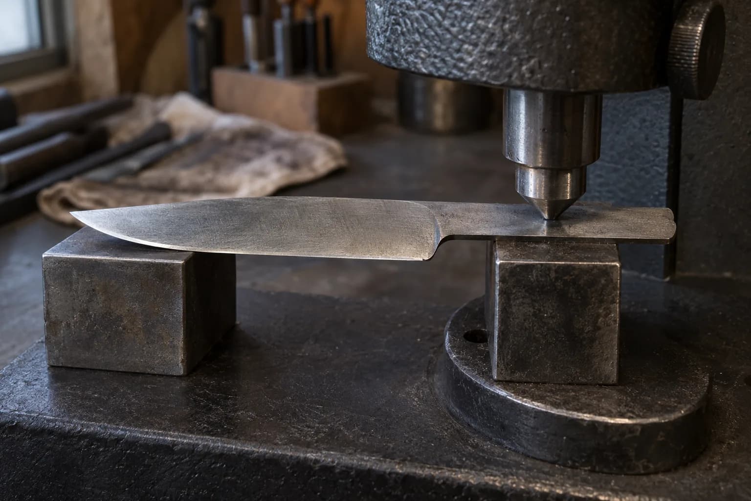 Unhandled knife blade lies on two steel blocks with its flat tang under a conical hardness-tester indenter.