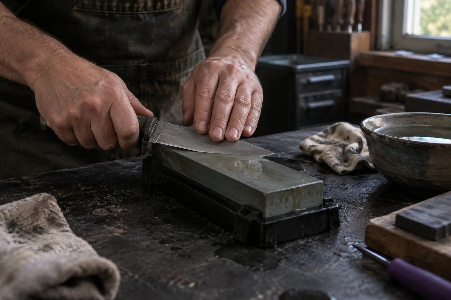 Hands sharpen a fixed knife on a wet bench stone in a black rubber holder, fingertips pressing the blade flat.