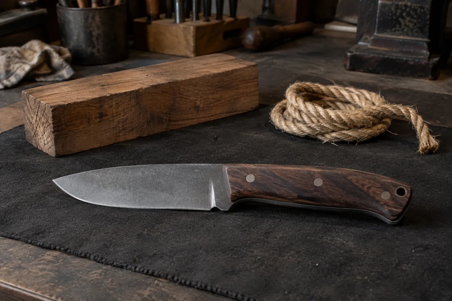 Stout drop-point fixed knife with a dark wood handle lies on a leather pad beside a hardwood block and a rope coil.