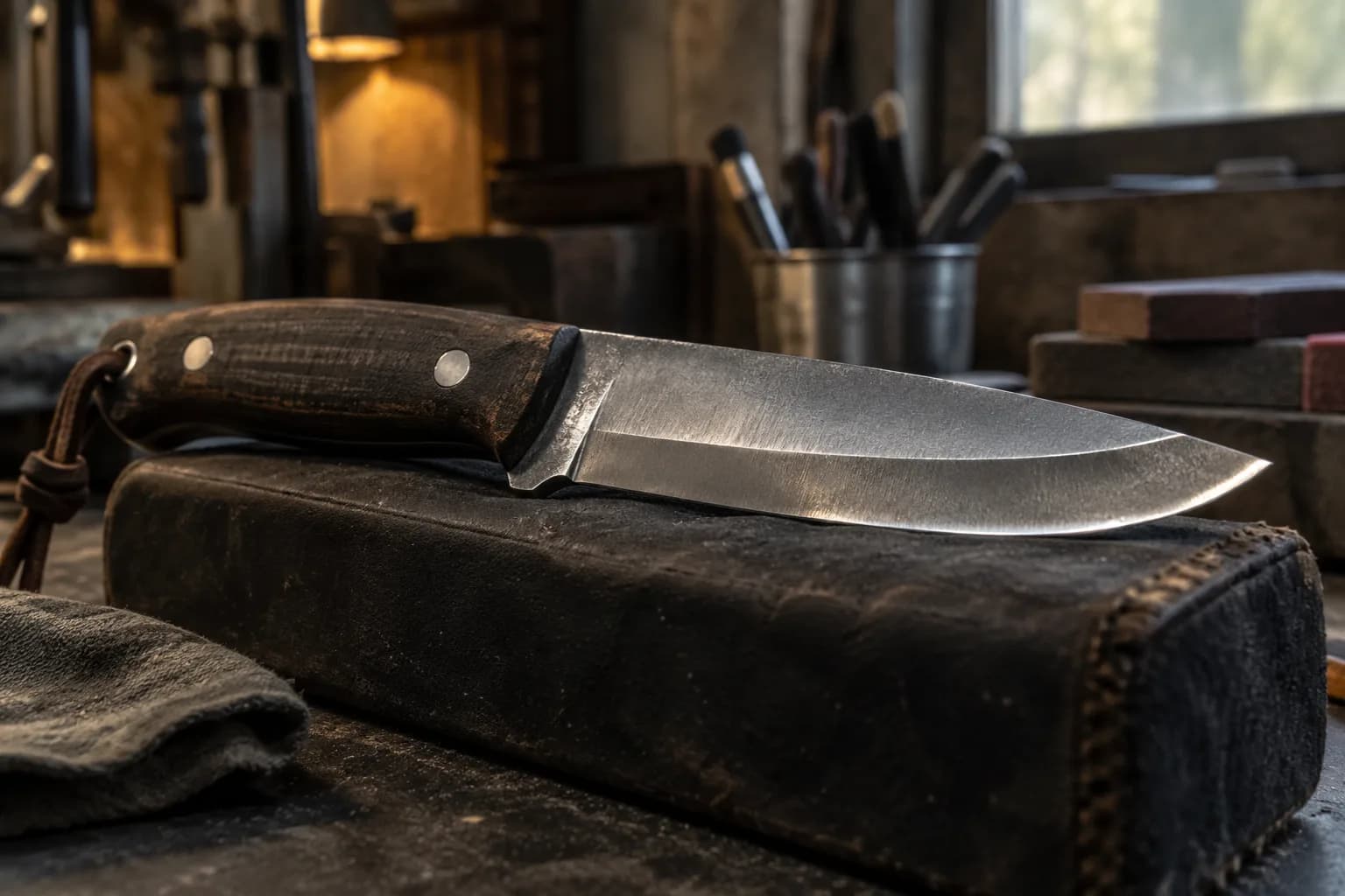 Fixed-blade knife with a dark textured handle and wide edge bevel lying on a padded leather bench support in a small shop