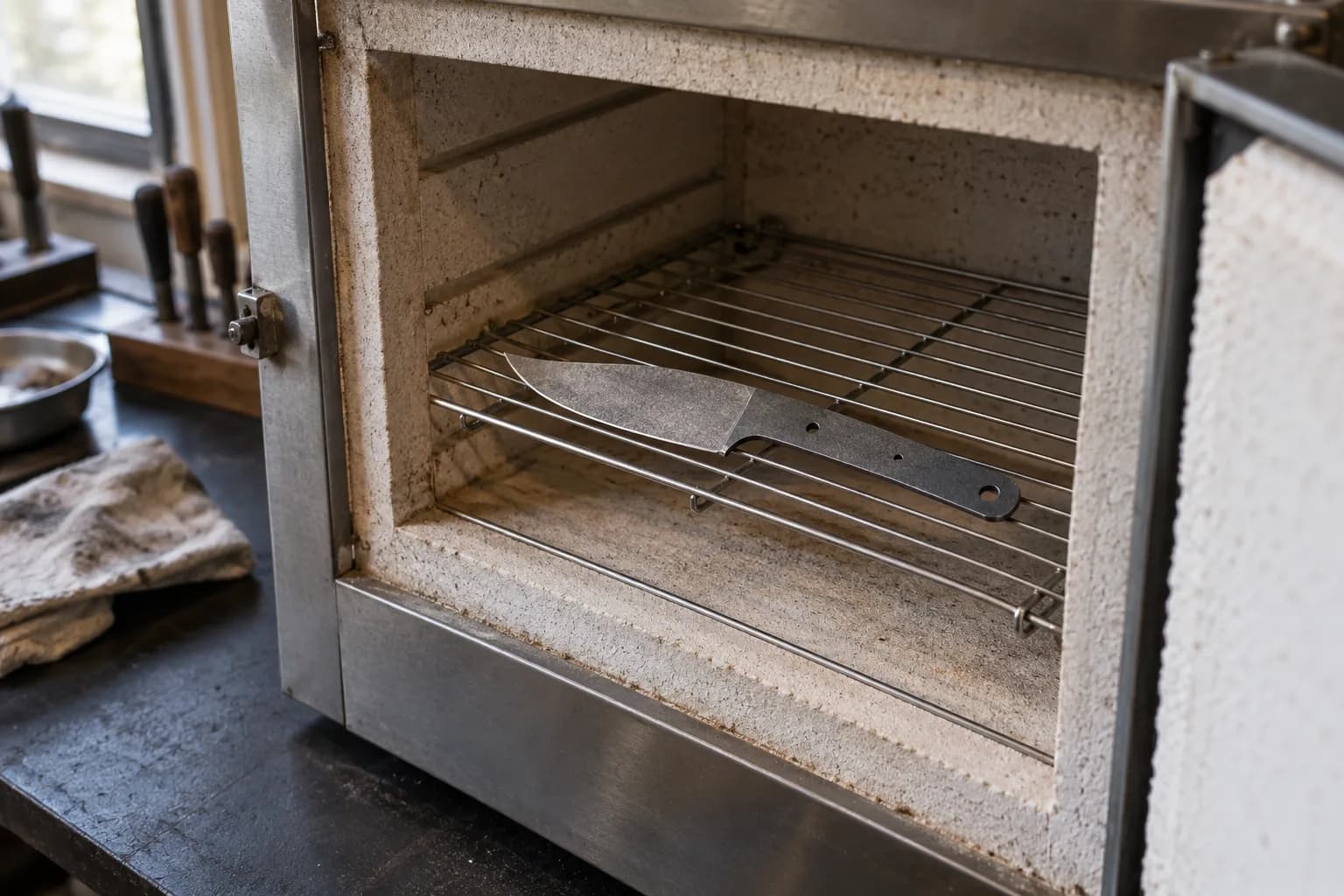 Unhandled knife blank with pin holes lying on the wire shelf inside an open firebrick heat-treat oven