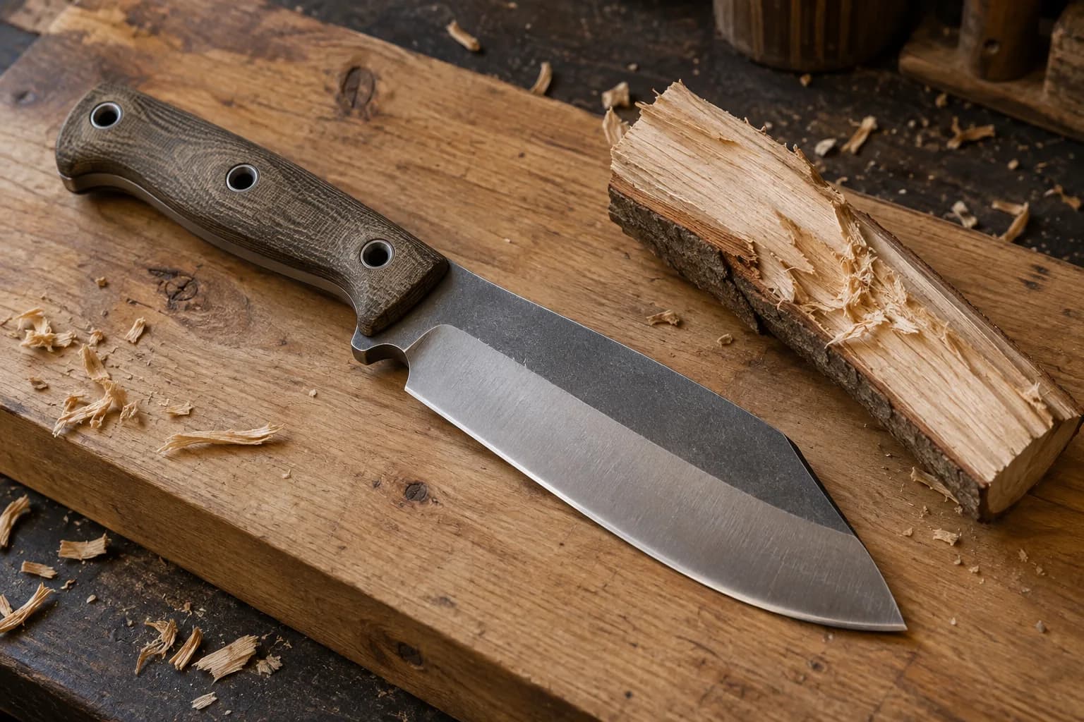 Stout camp chopper with a green-brown handle lying flat on a wooden board beside a split piece of oak with shavings