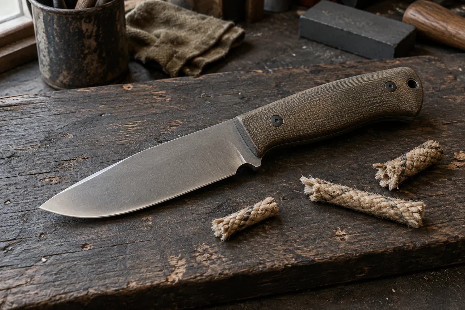 Drop-point fixed blade with a dark textured handle resting on a dark wooden board beside three short lengths of cut cord