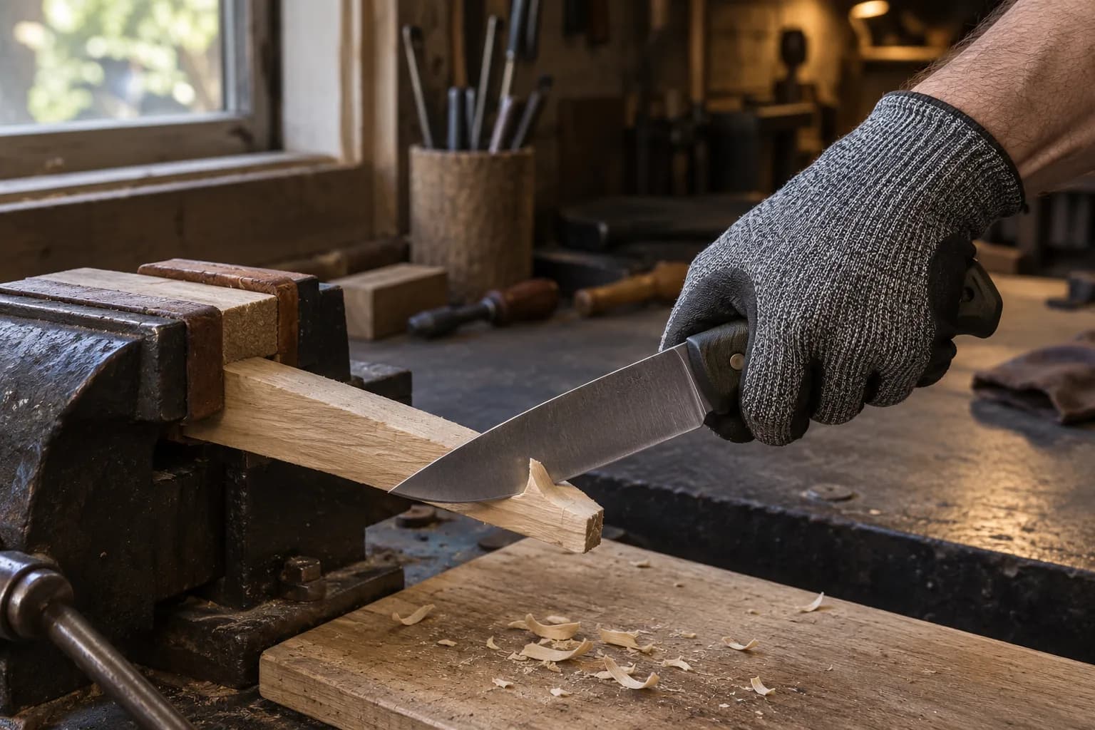 Gloved hand draws a fixed-blade knife along a wood strip clamped in a bench vise, shavings on the board below.