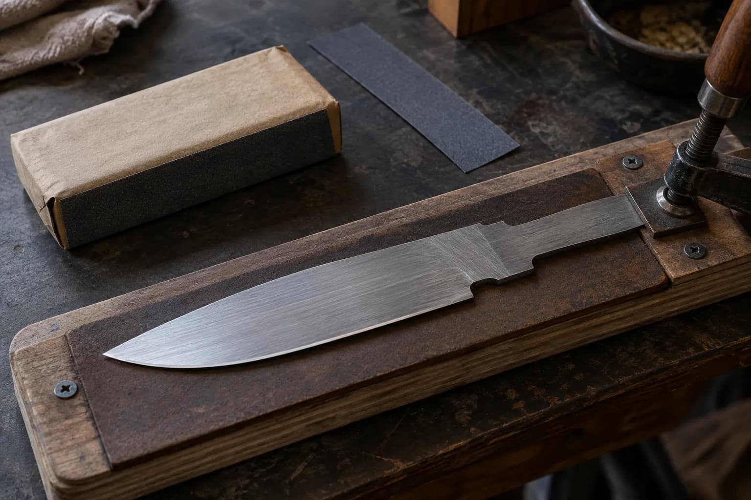 Unhandled knife blank on a wooden sanding board with its tang under a clamp, beside a paper-wrapped sanding block and strip.