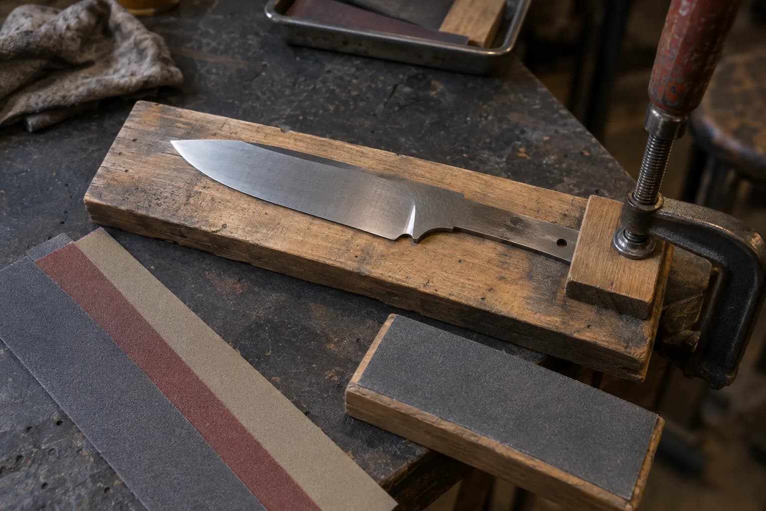 Knife blank tang-clamped to a worn wooden sanding board beside an abrasive block and three fresh abrasive strips.
