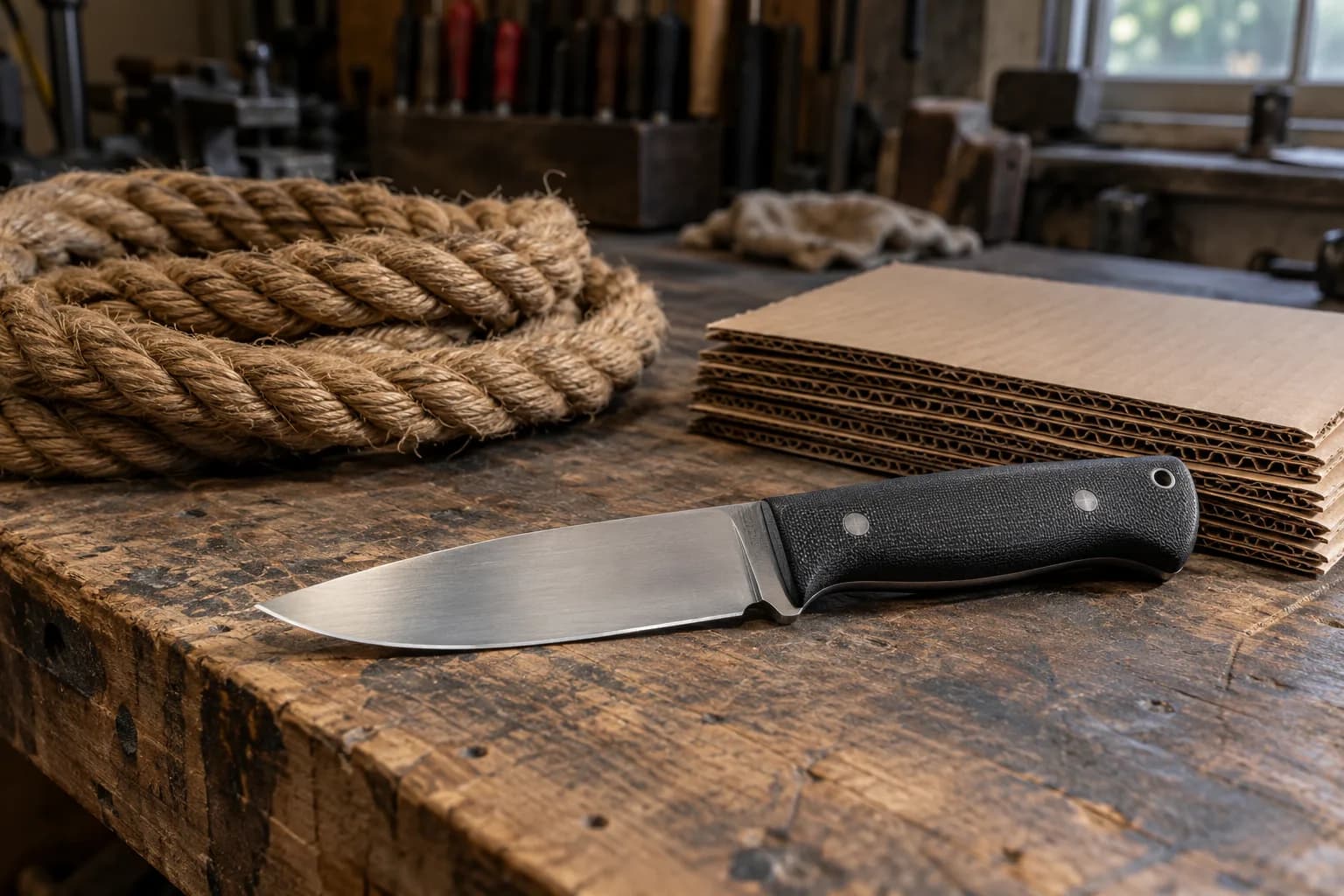 Finished fixed-blade knife with black handle lying on a worn bench beside coiled thick rope and stacked cardboard.