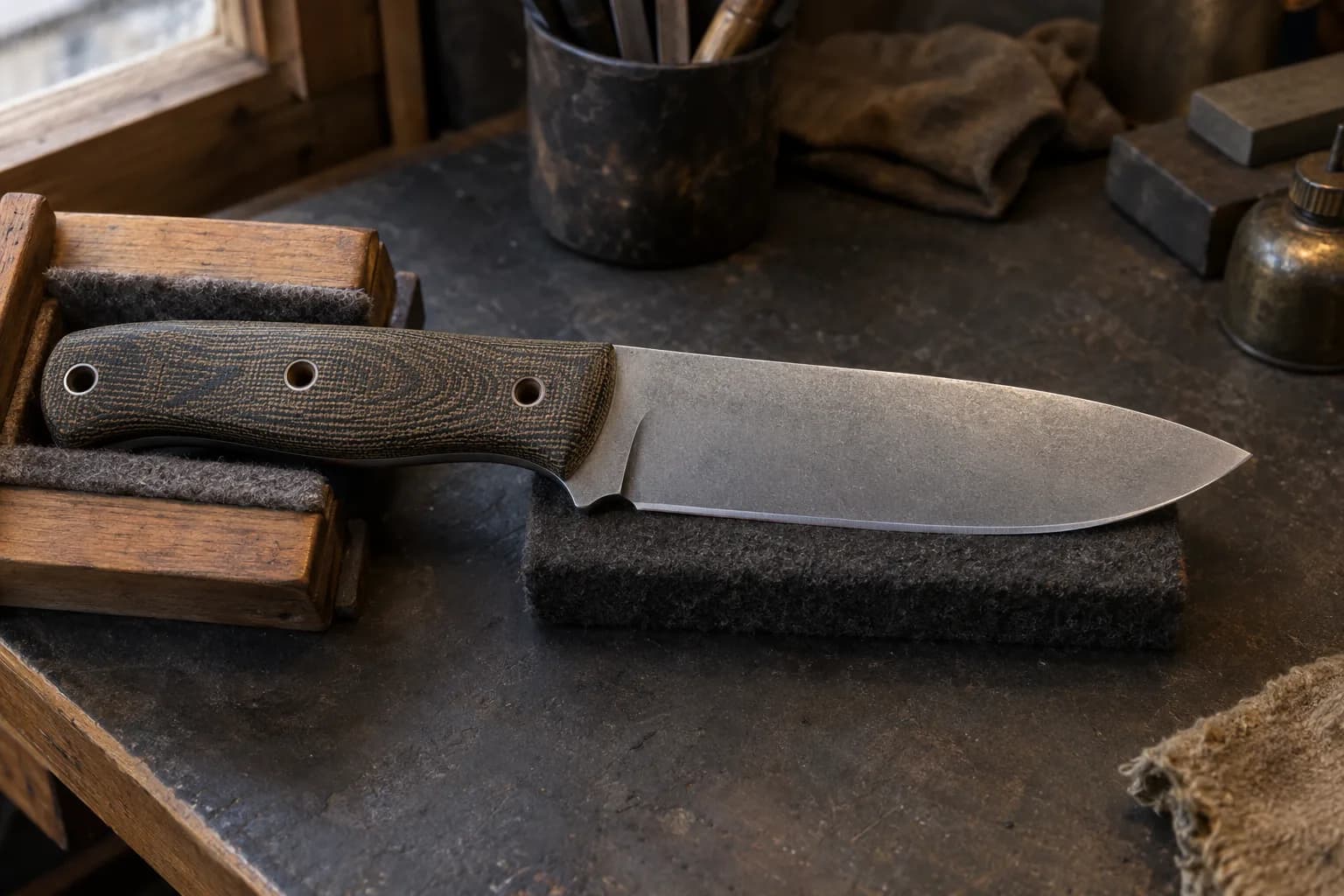Drop-point survival knife with a green micarta handle lying flat in a padded wooden cradle on a charcoal bench.