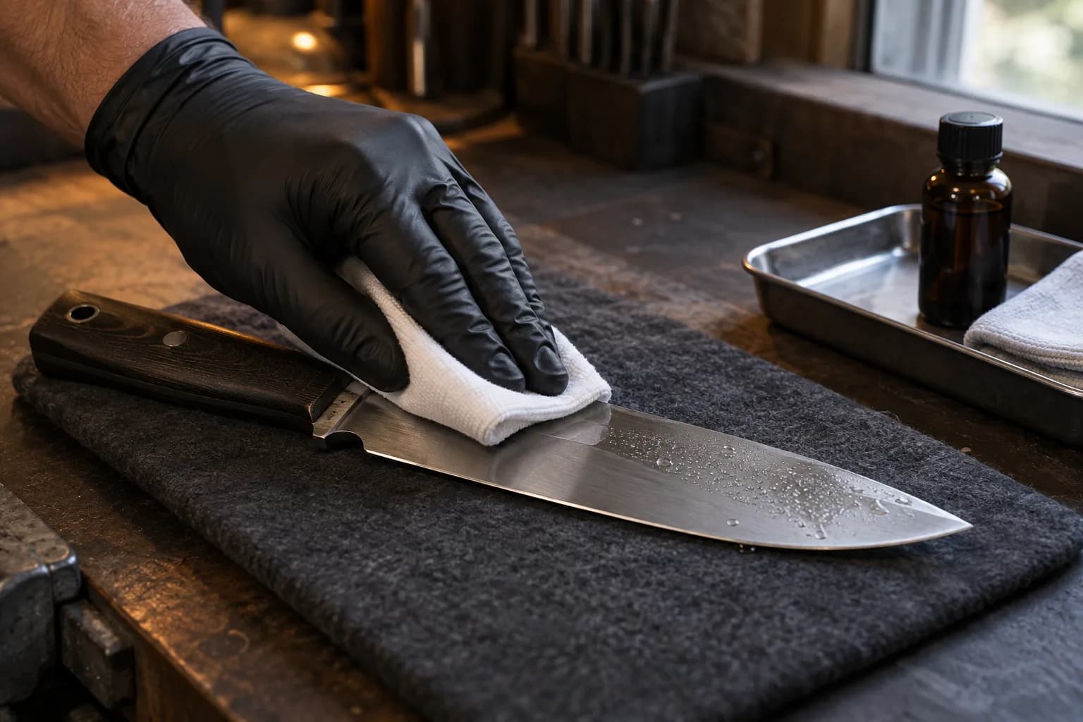 Black-gloved hand dries a wet polished knife blade on a felt pad, with a plain amber bottle on a tray nearby.