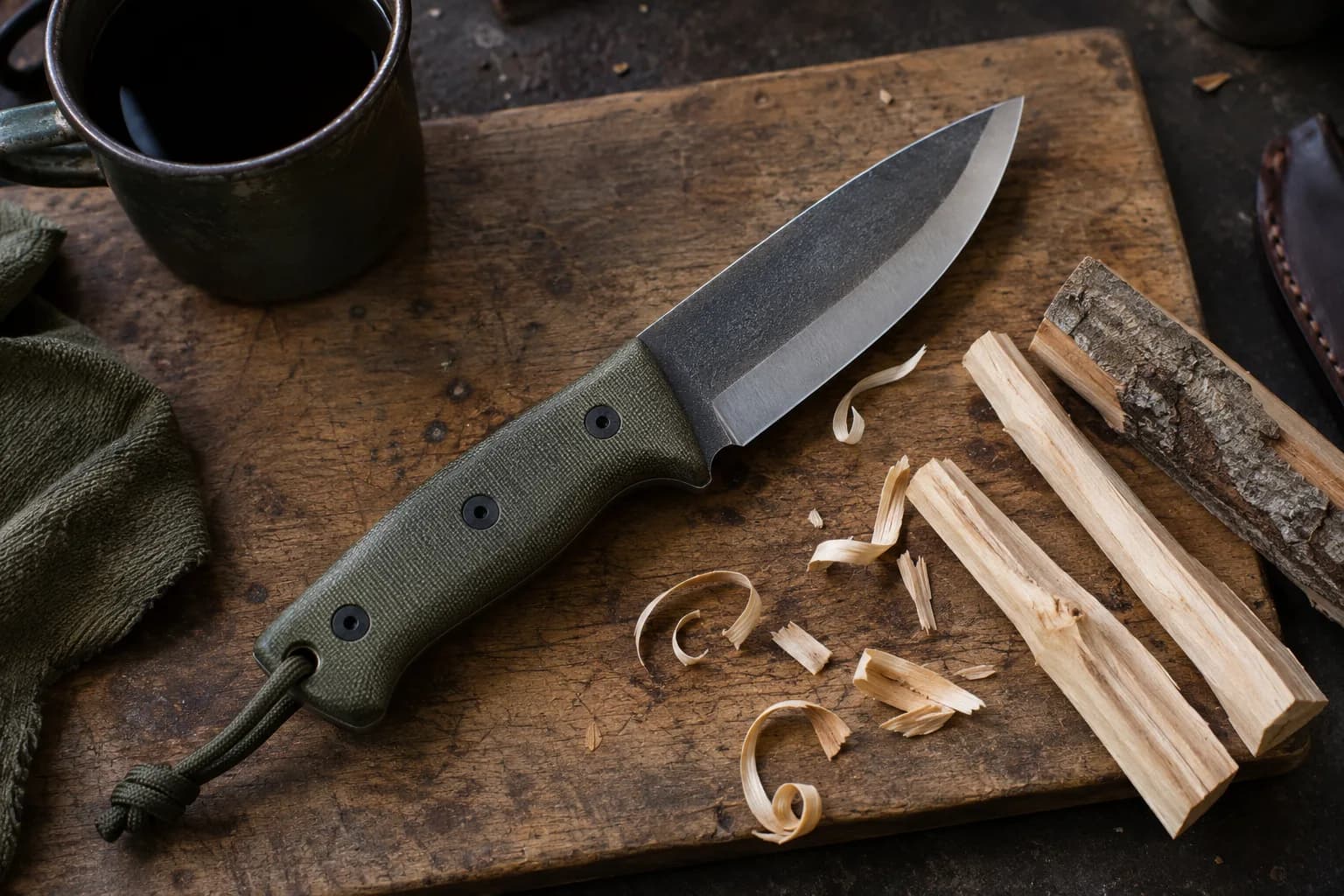 Stout drop-point knife with green micarta handle on a wood board beside split kindling, shavings and an enamel mug.
