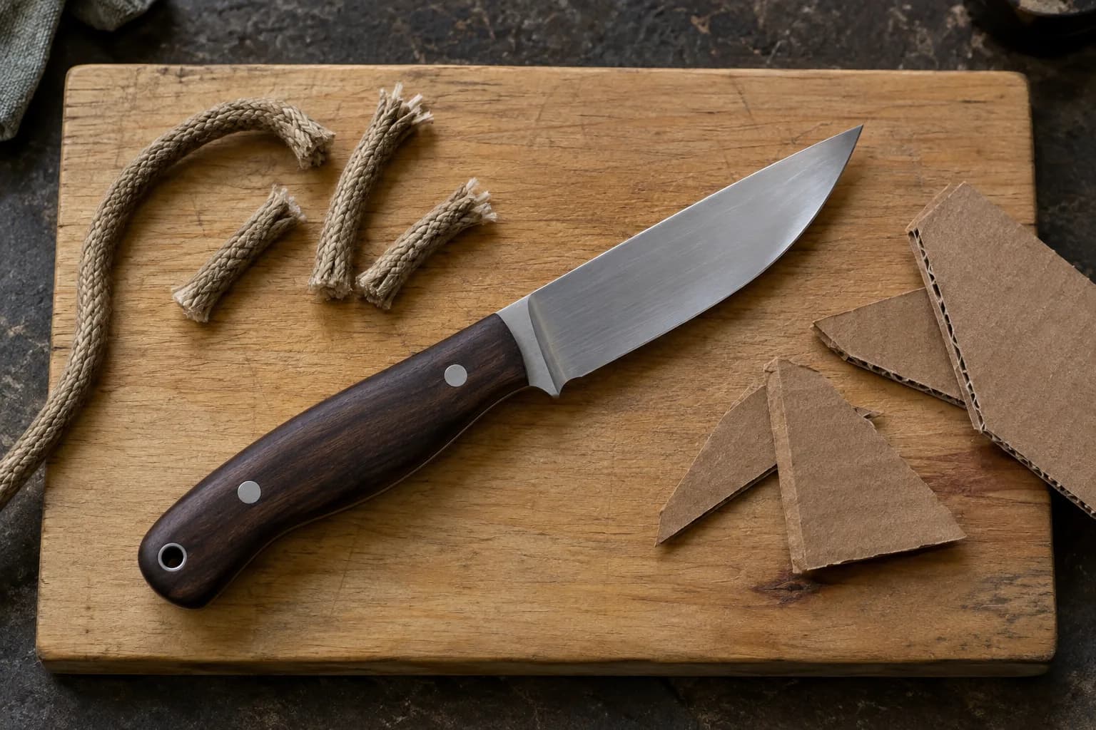 Drop-point knife with dark wood handle on a pale board beside cut lengths of cord and cardboard offcuts.