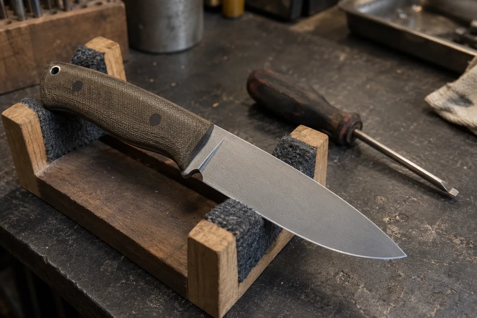 Drop-point fixed blade with dark micarta handle resting in a wood and felt cradle beside a plain screwdriver on a worn bench.