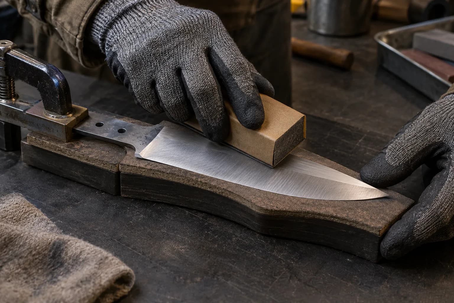 Gloved hands sand the bevel of a drop-point knife blank clamped by its tang to a contoured sanding board.