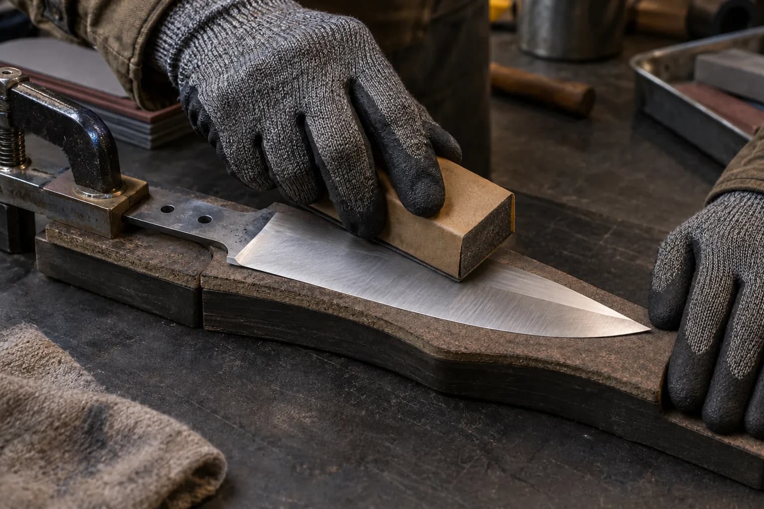 Gloved hands sand a bright bevel on a tang-clamped knife blank with a paper-wrapped block, the blade resting on a support board