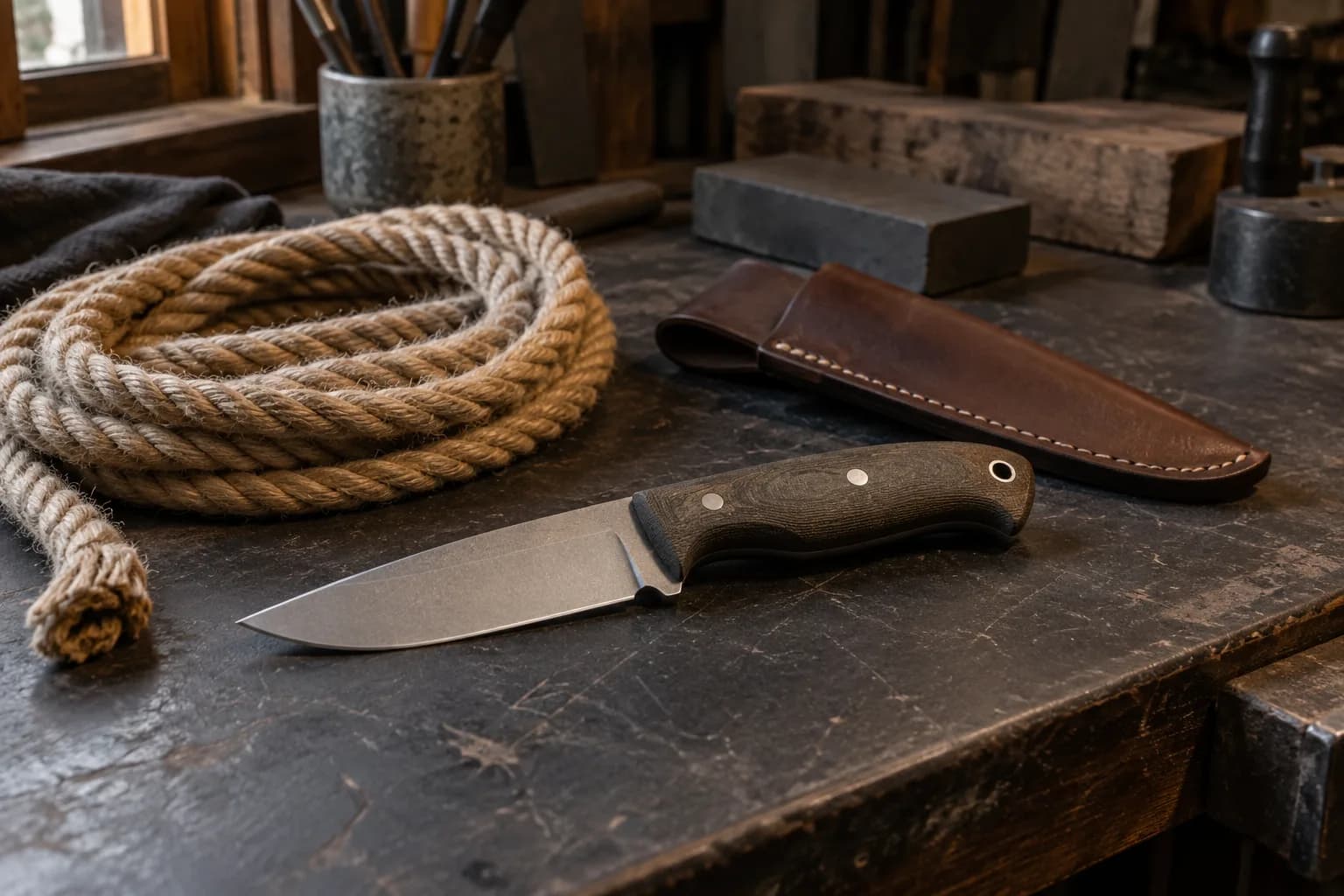 Stonewashed fixed blade with dark micarta handle lying on a worn bench beside a coiled rope and a stitched brown leather sheath.