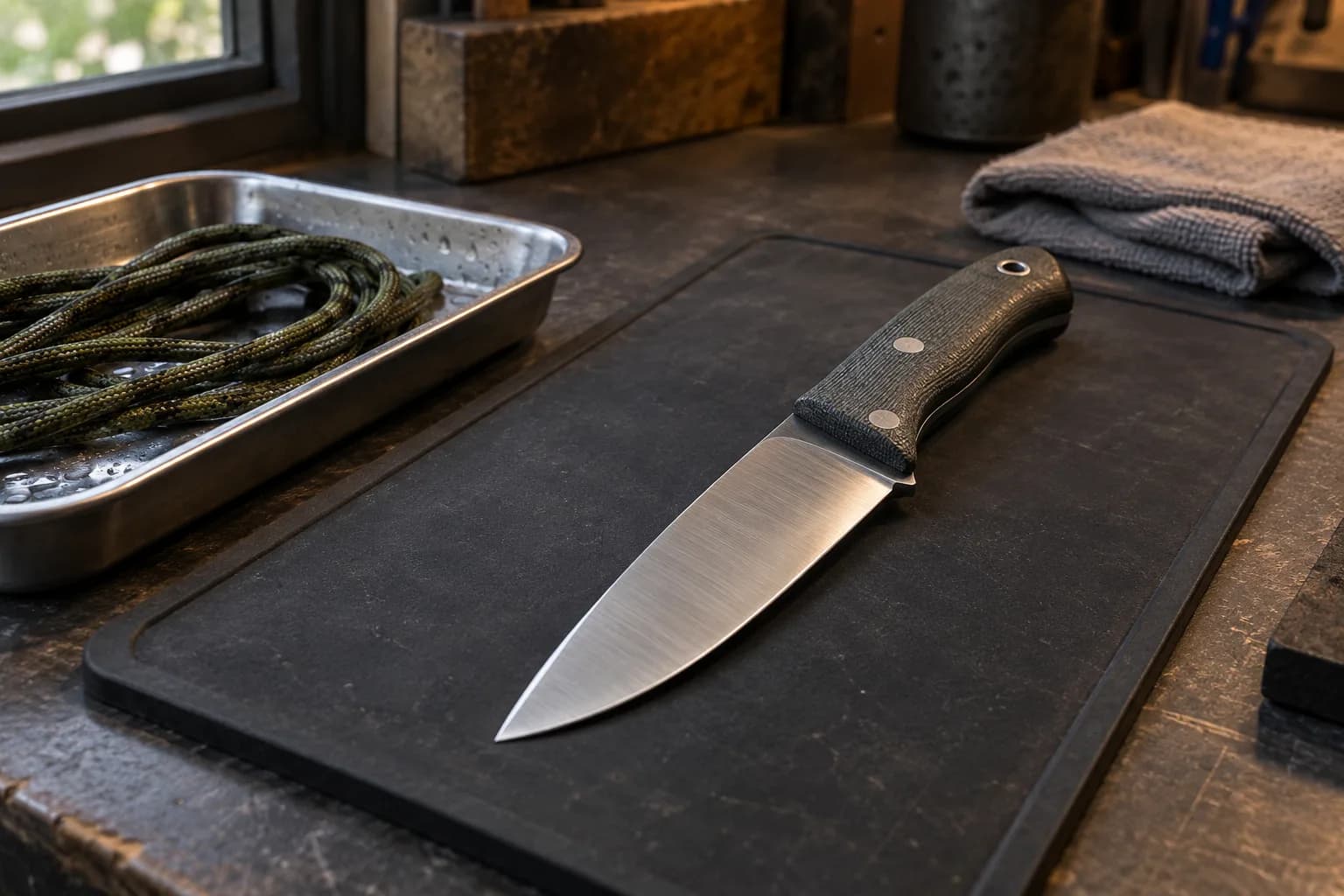 Satin-finished fixed knife on a dry black bench mat beside a steel tray of damp camo cord and a folded gray cloth.