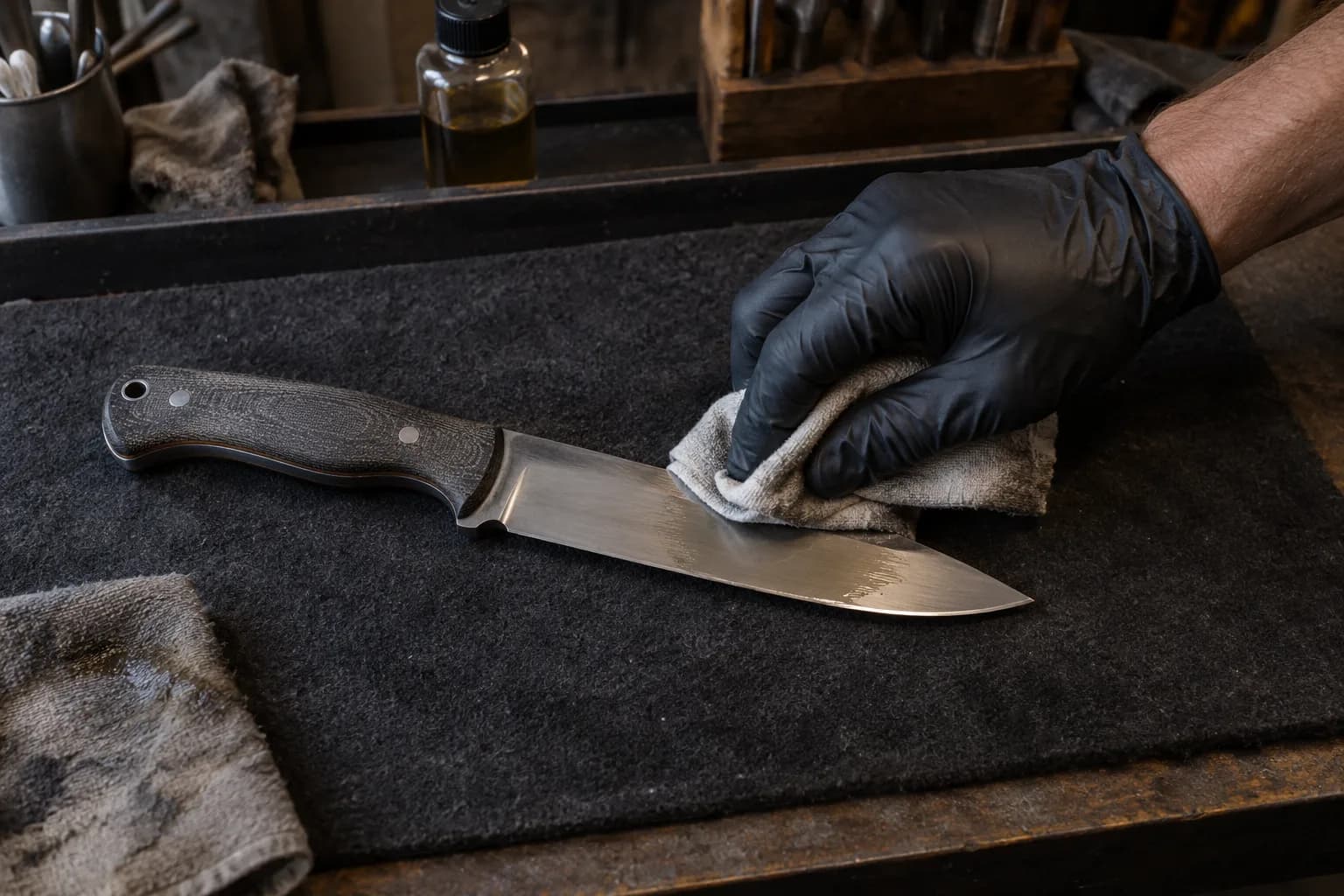 Black-gloved hand wipes an oily cloth along the flat of a fixed knife resting on a dark felt pad, oil bottle behind.