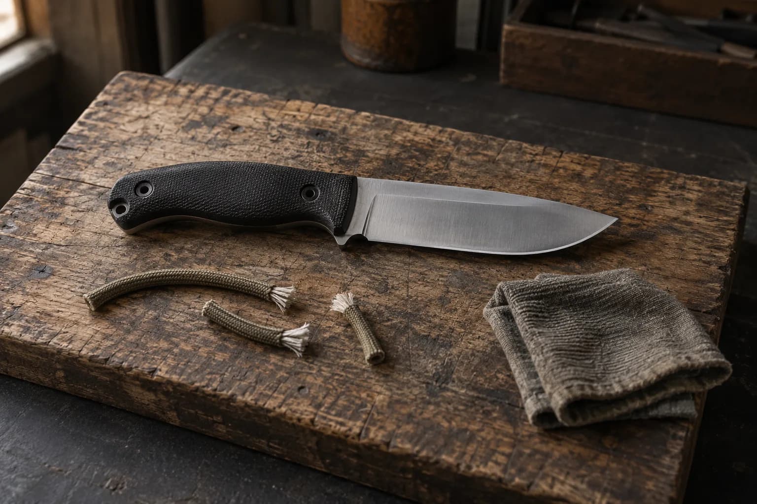 Black-handled fixed knife on a worn wooden board beside three cut pieces of frayed cord and a folded cloth.