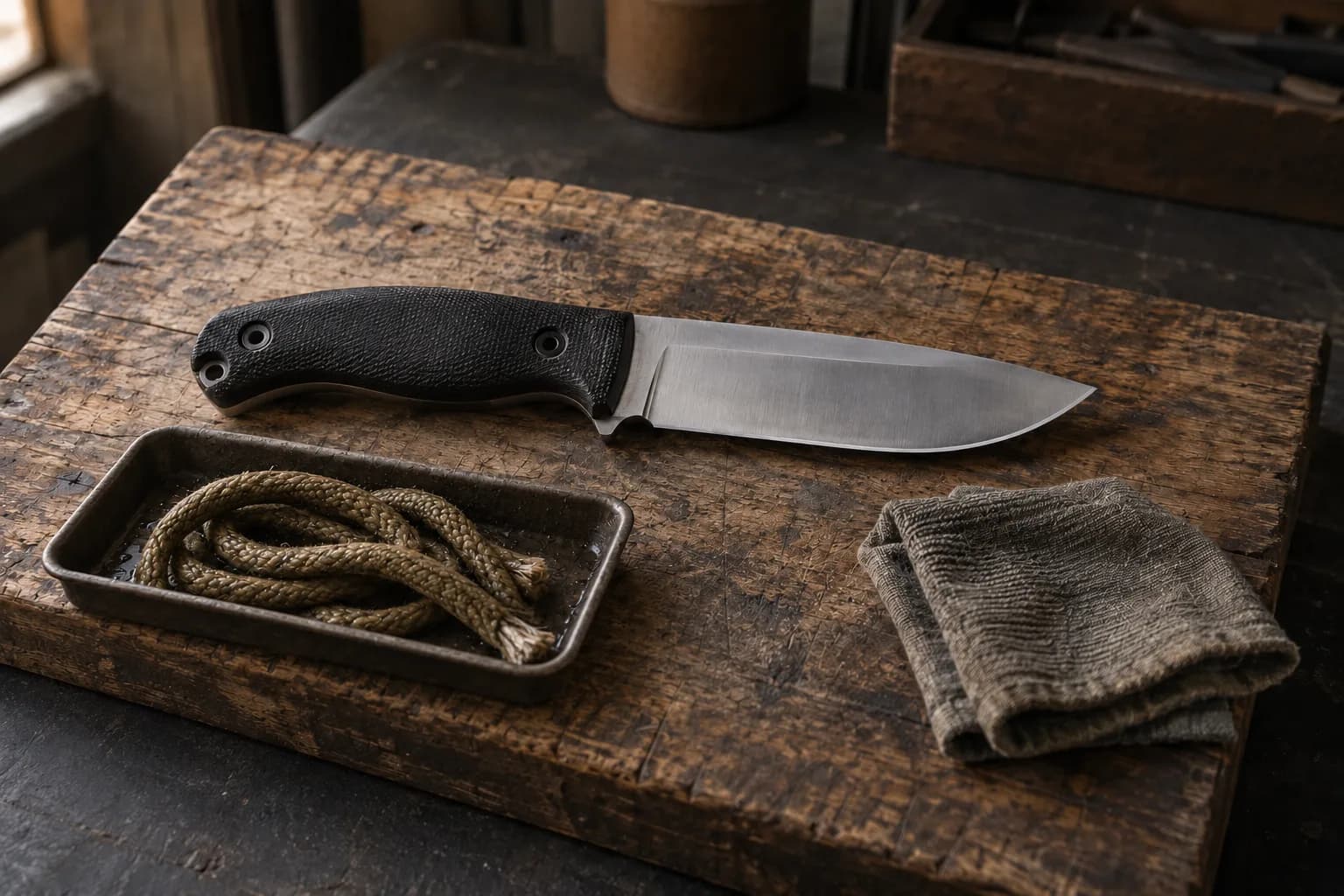 Black-handled fixed knife on a worn wooden board beside a metal tray of damp rope and a folded drying cloth.