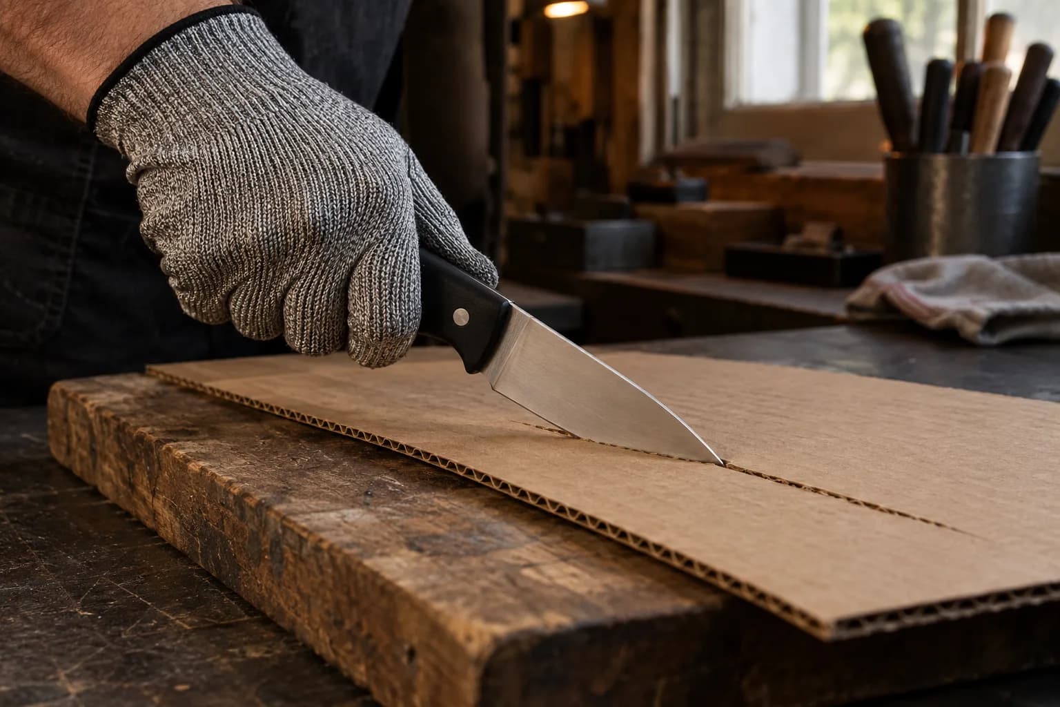 Gloved hand draws a plain-handled fixed knife through corrugated cardboard on a worn wooden board in a small shop.
