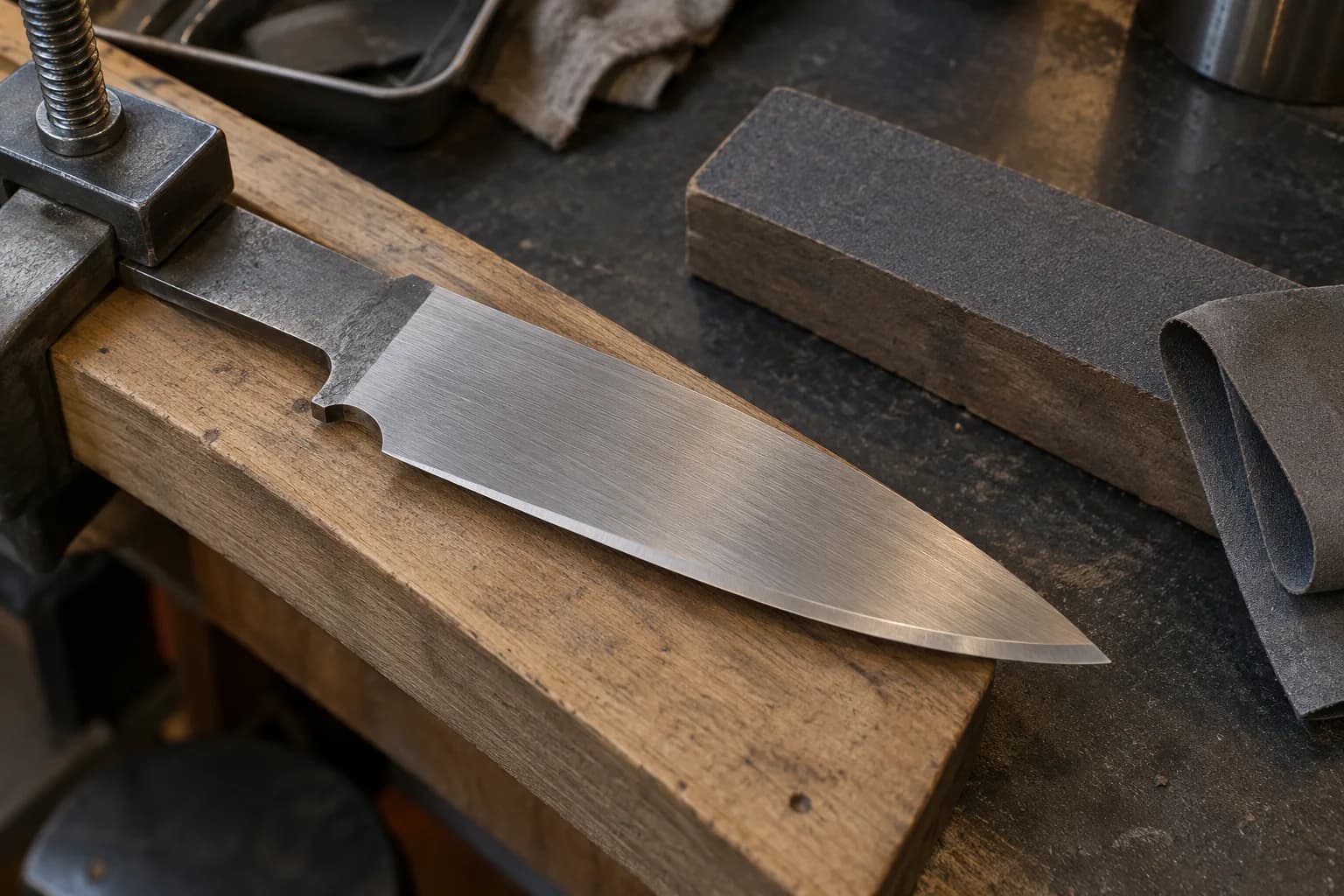 Bright ground knife blank clamped by its tang to a wooden block, with an abrasive block and folded sheet beside it.