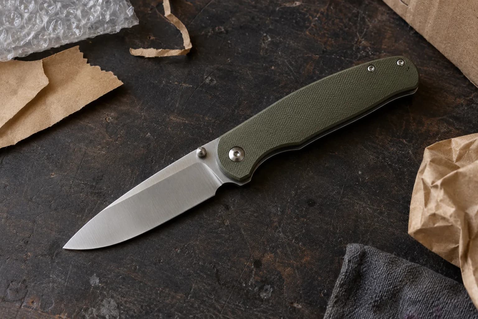 Olive-handled drop-point folding knife lying open on a dark board beside bubble wrap and kraft paper offcuts.