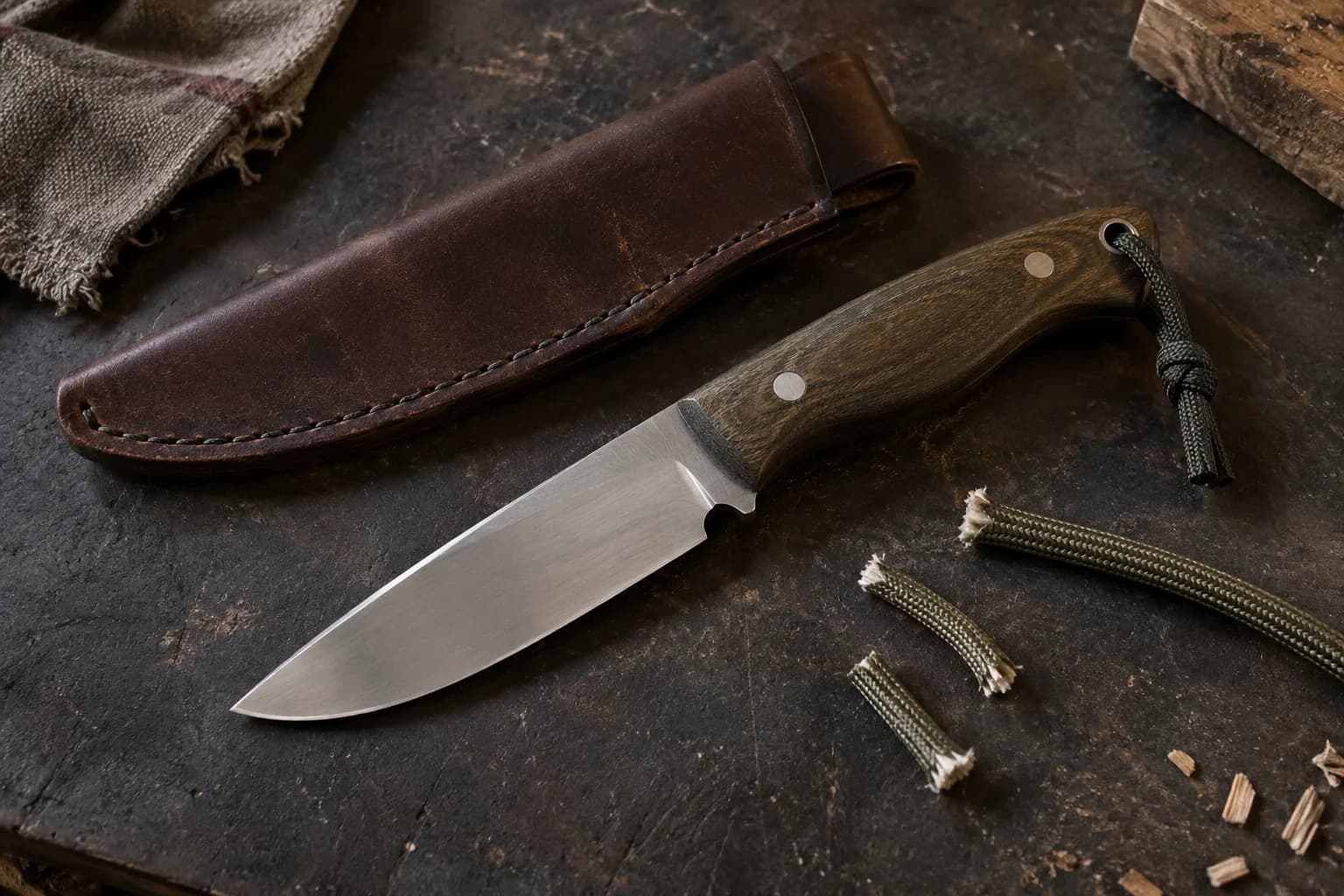 Fixed drop-point knife with dark wood handle and lanyard beside a stitched leather sheath and cut paracord on a dark board.